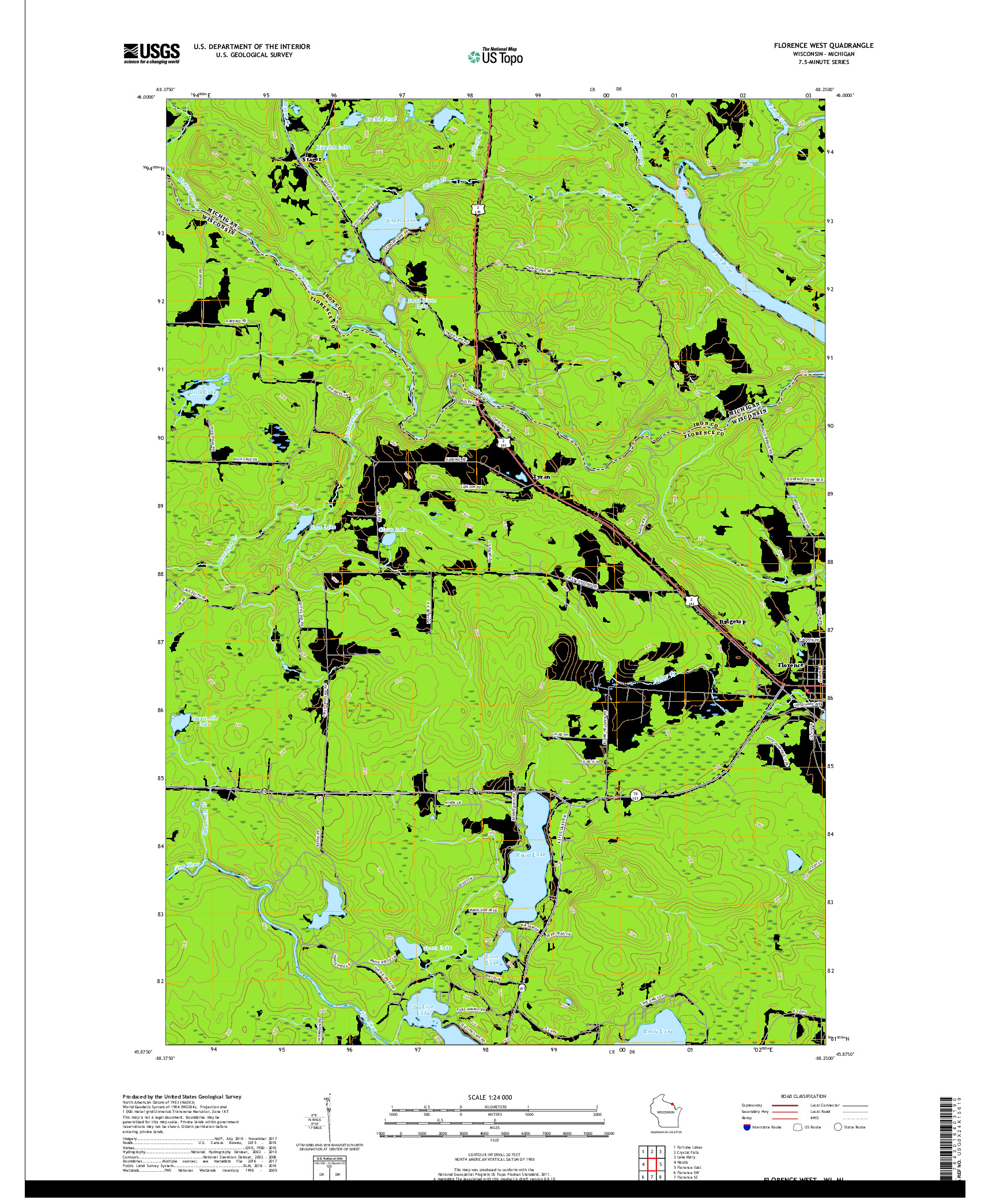 USGS US TOPO 7.5-MINUTE MAP FOR FLORENCE WEST, WI,MI 2018