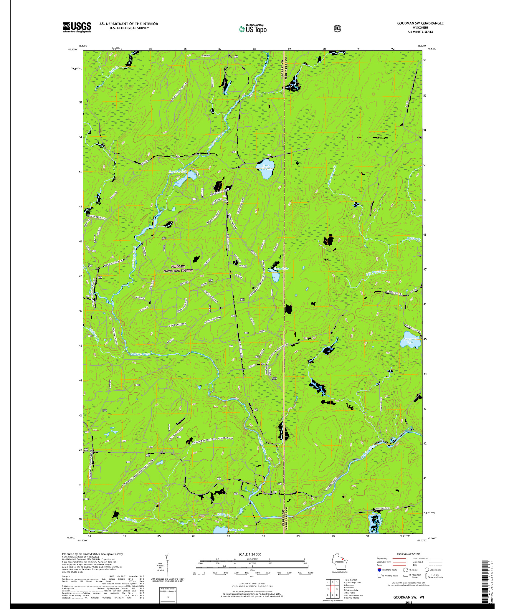 USGS US TOPO 7.5-MINUTE MAP FOR GOODMAN SW, WI 2018