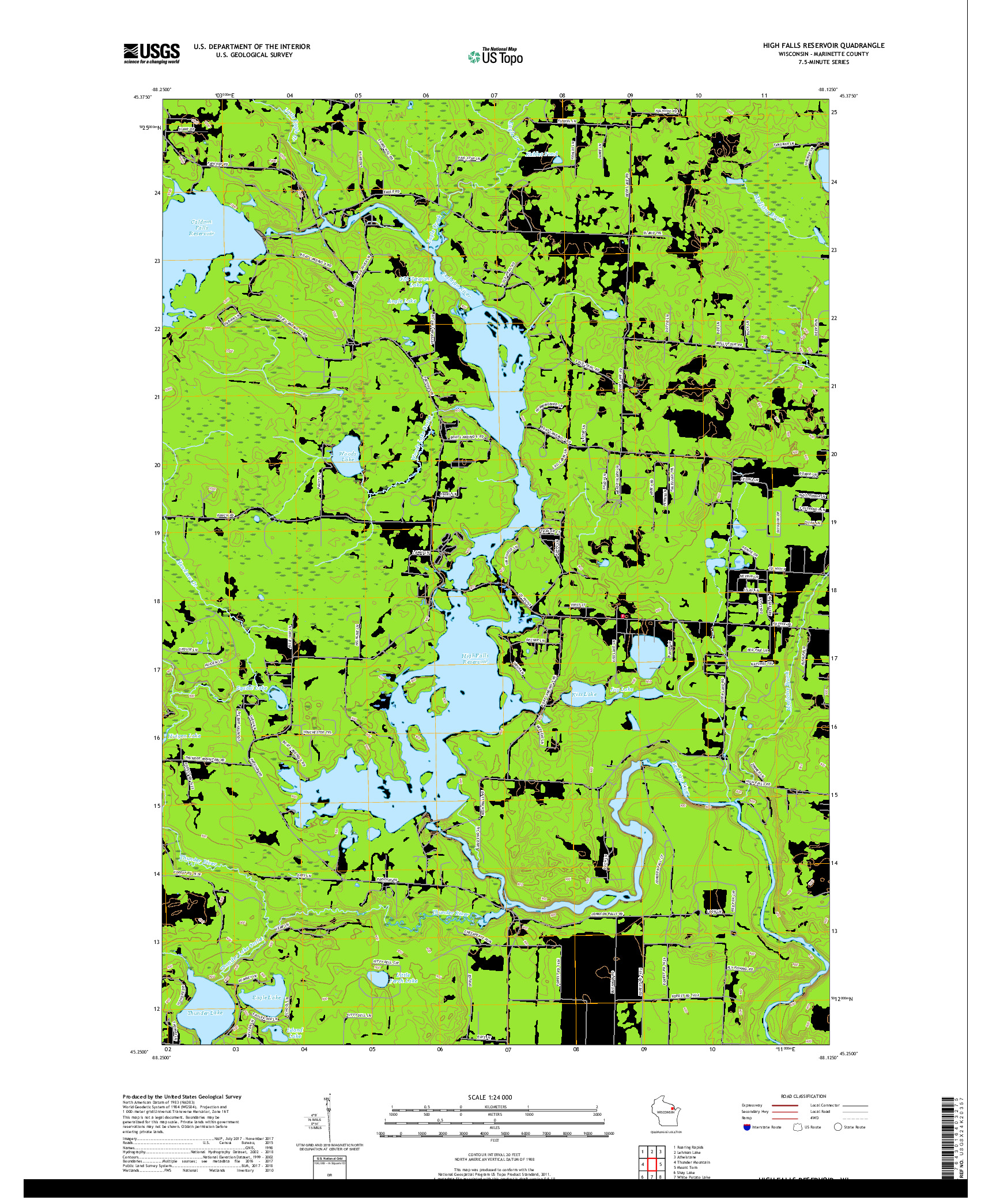 USGS US TOPO 7.5-MINUTE MAP FOR HIGH FALLS RESERVOIR, WI 2018