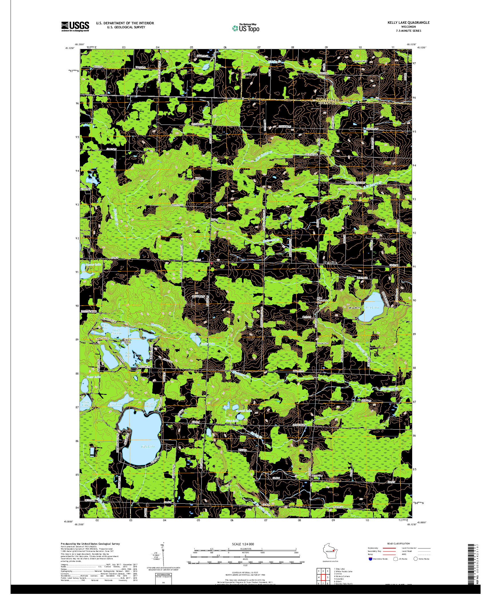 USGS US TOPO 7.5-MINUTE MAP FOR KELLY LAKE, WI 2018