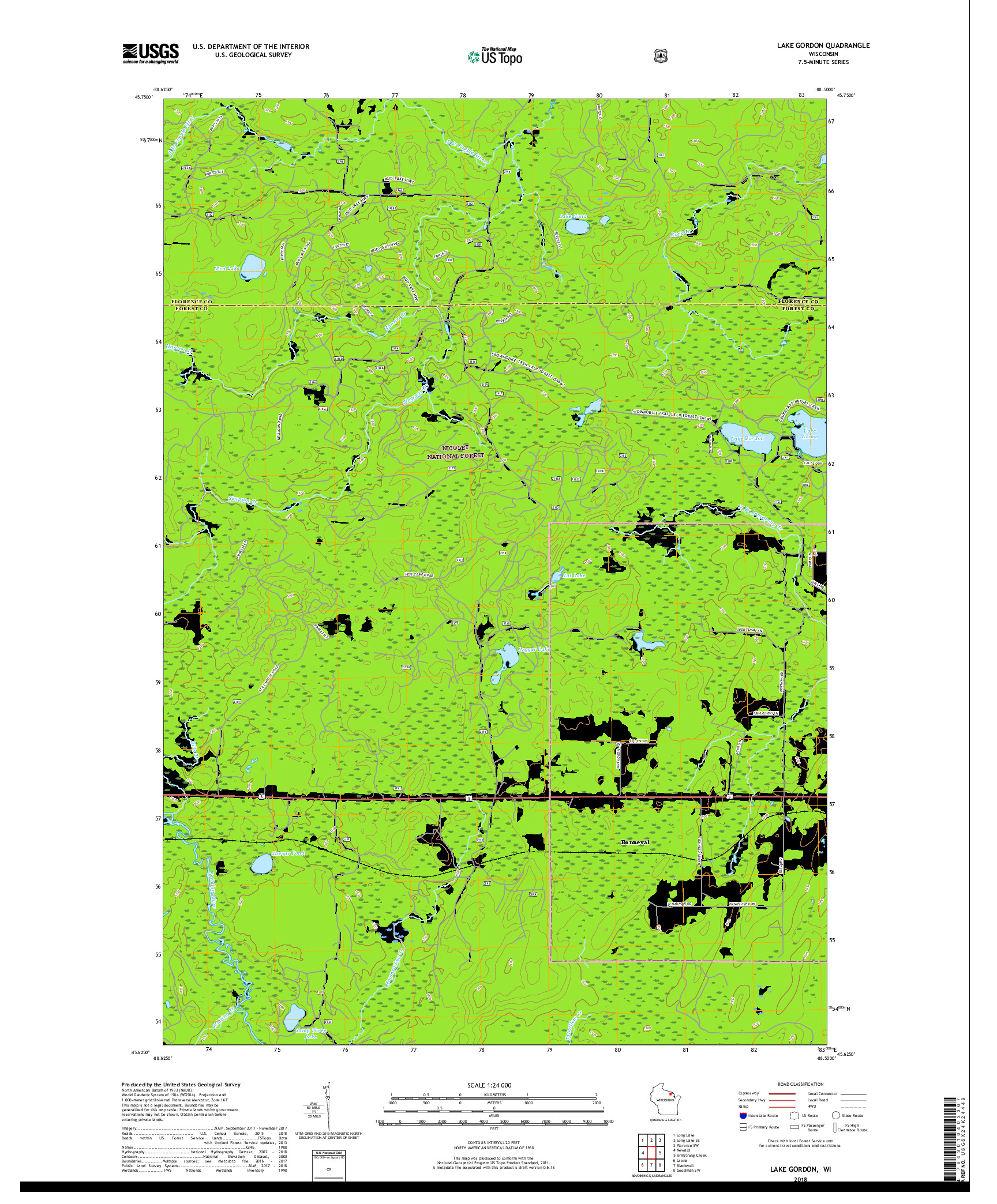 USGS US TOPO 7.5-MINUTE MAP FOR LAKE GORDON, WI 2018