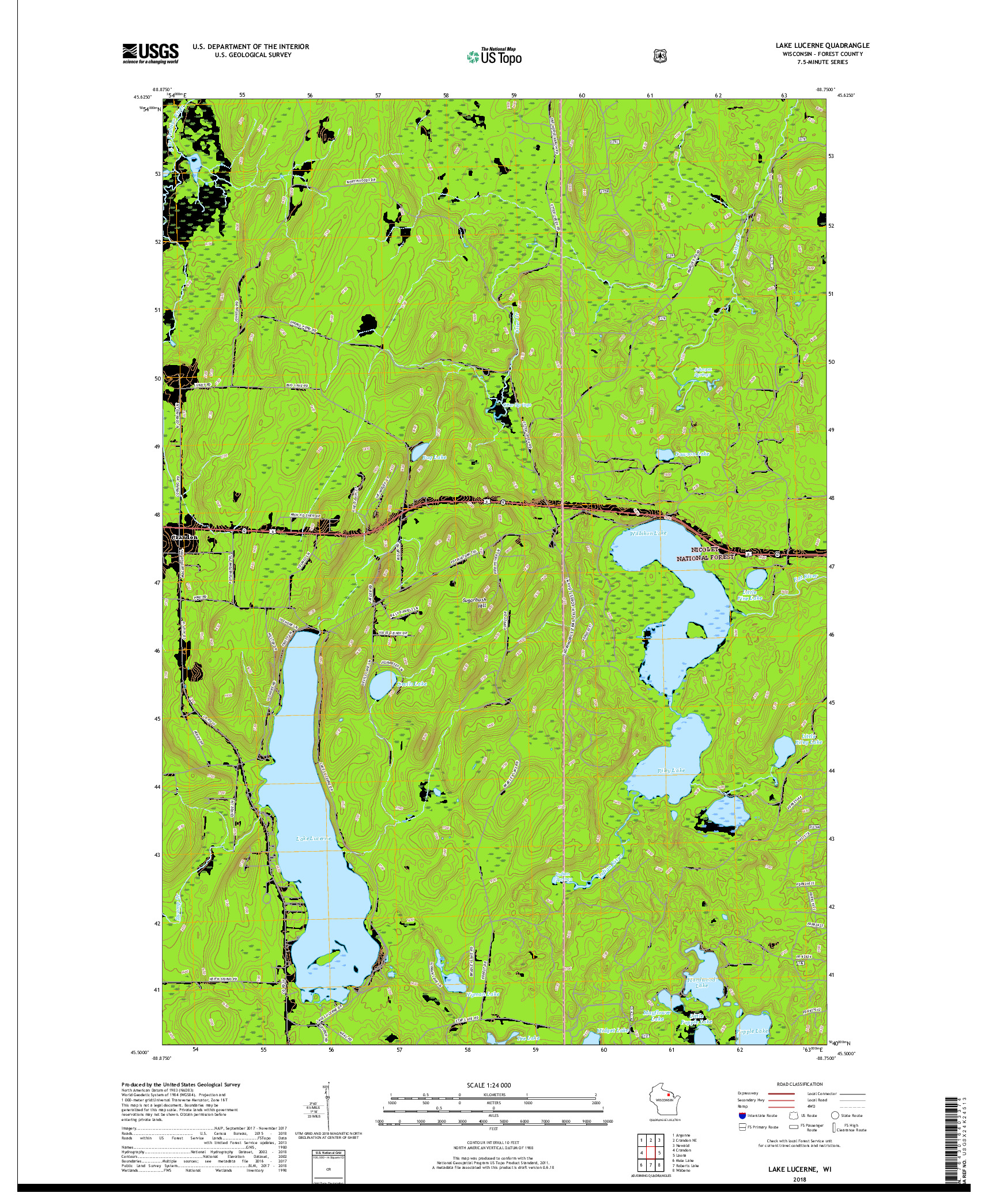 USGS US TOPO 7.5-MINUTE MAP FOR LAKE LUCERNE, WI 2018