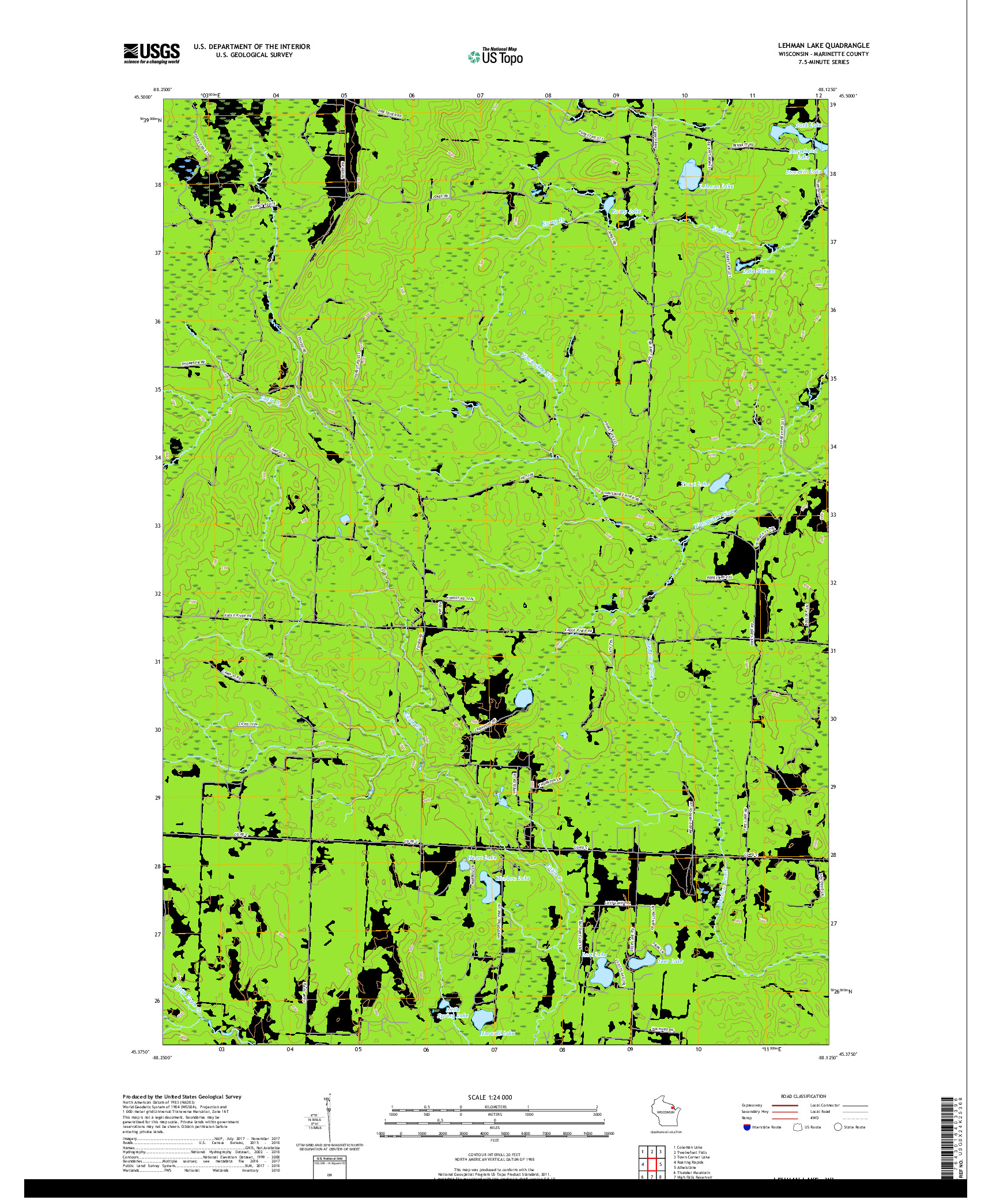 USGS US TOPO 7.5-MINUTE MAP FOR LEHMAN LAKE, WI 2018