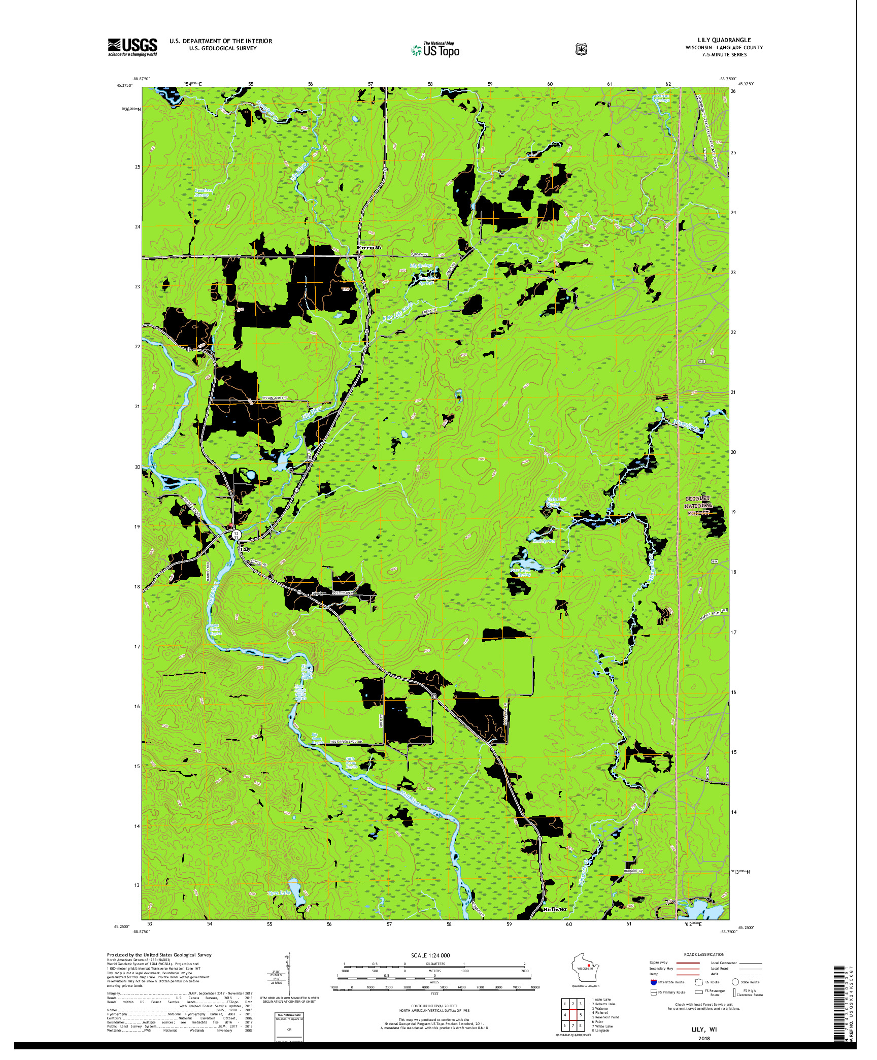 USGS US TOPO 7.5-MINUTE MAP FOR LILY, WI 2018