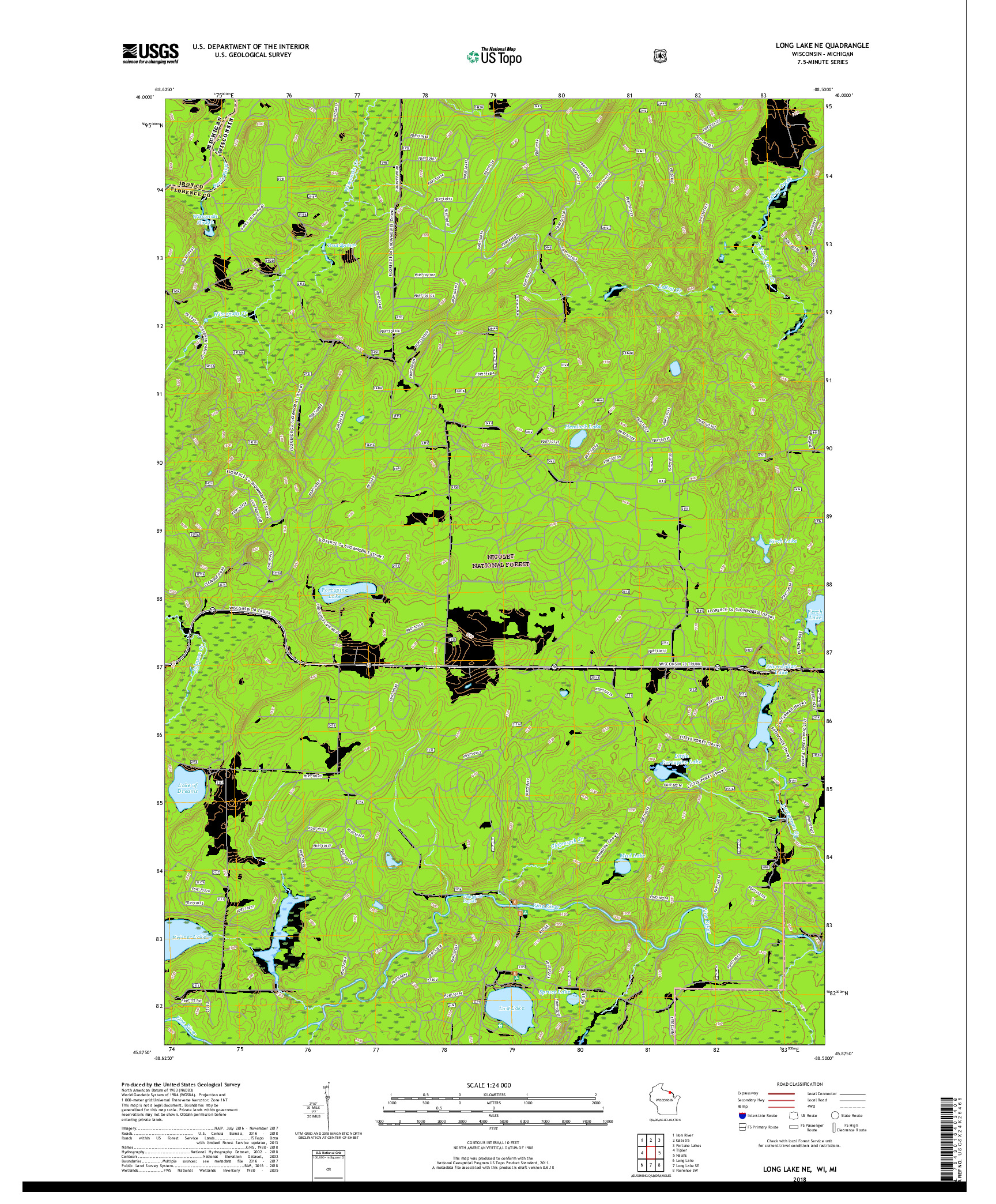 USGS US TOPO 7.5-MINUTE MAP FOR LONG LAKE NE, WI,MI 2018