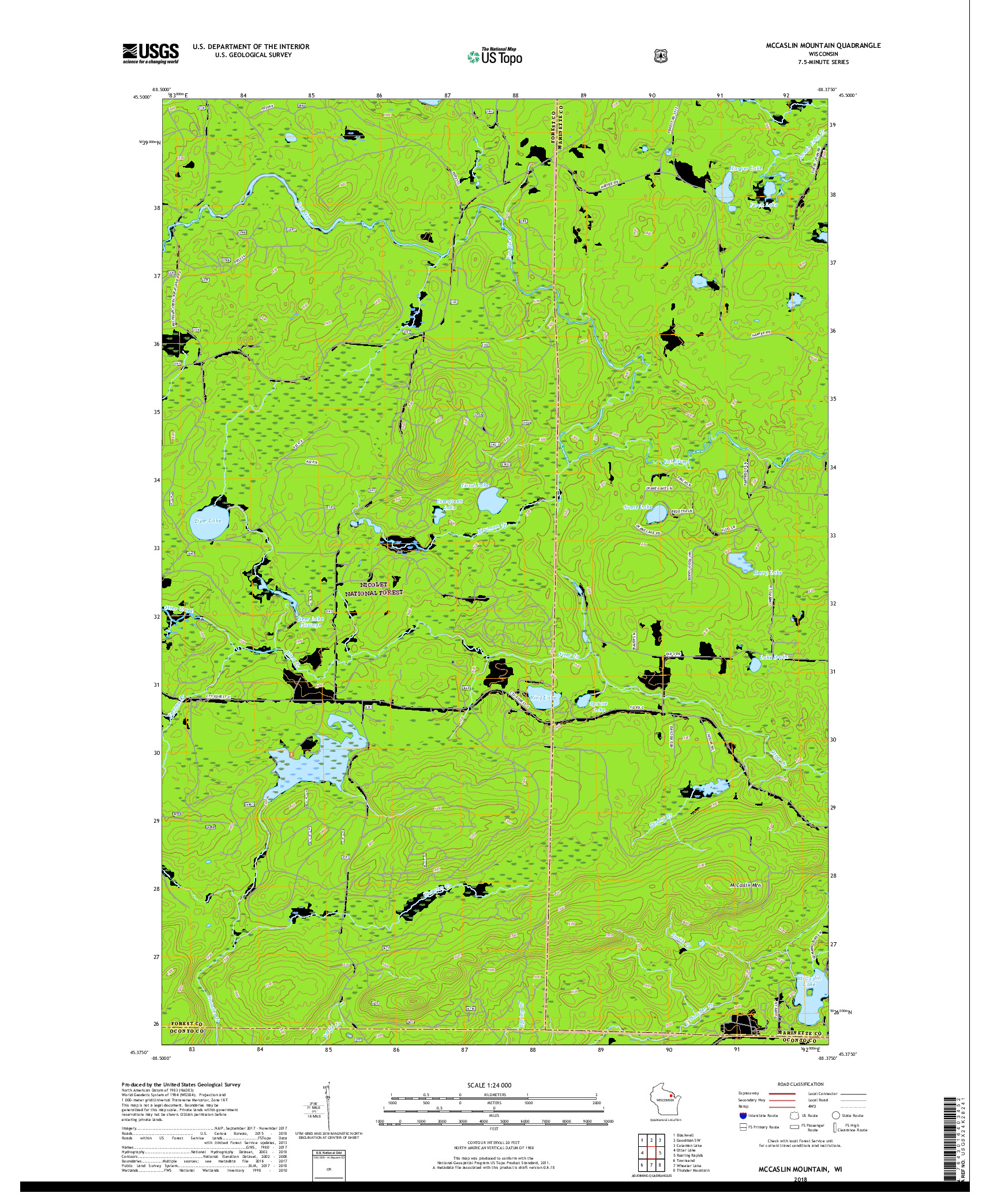 USGS US TOPO 7.5-MINUTE MAP FOR MCCASLIN MOUNTAIN, WI 2018