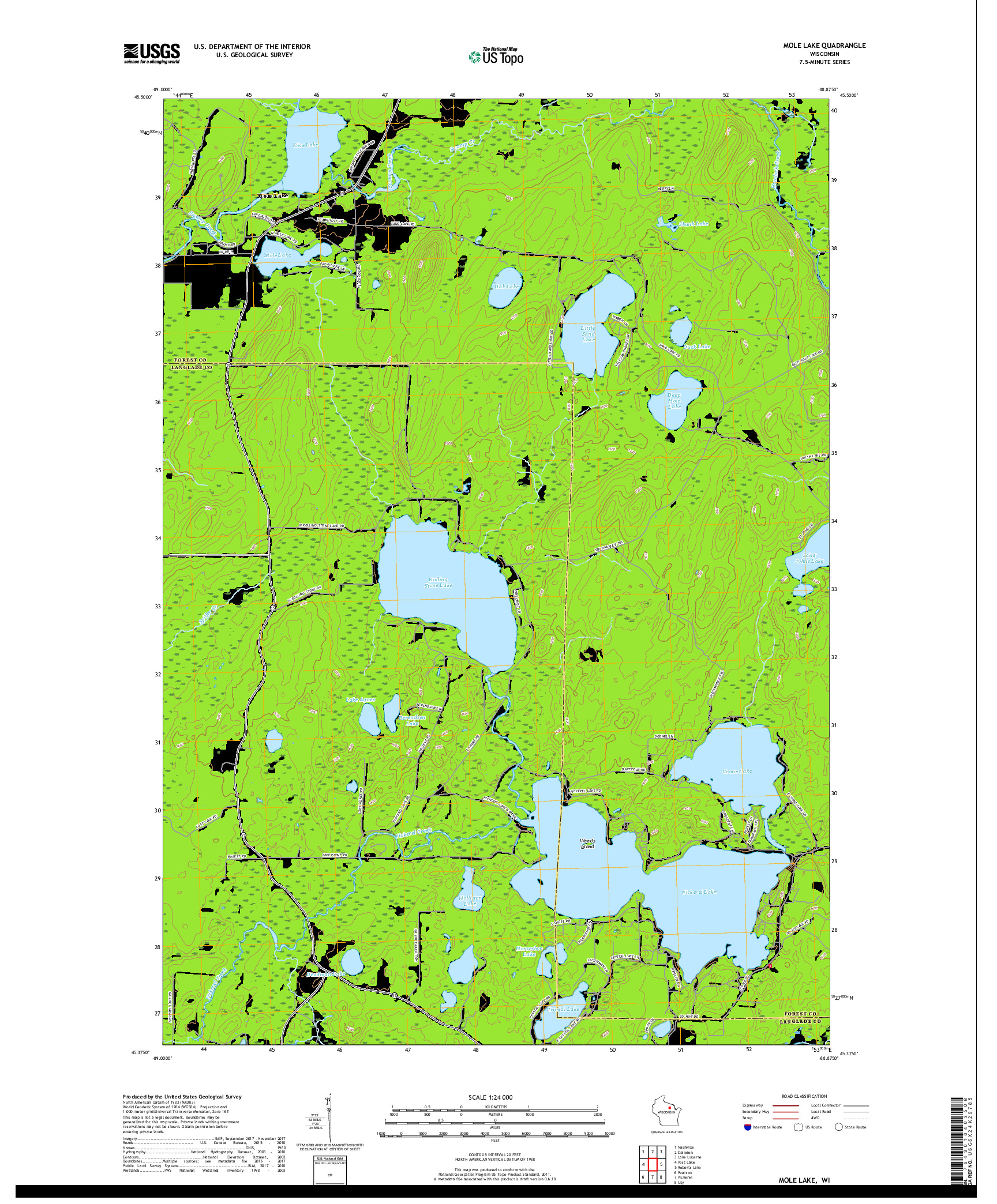 USGS US TOPO 7.5-MINUTE MAP FOR MOLE LAKE, WI 2018