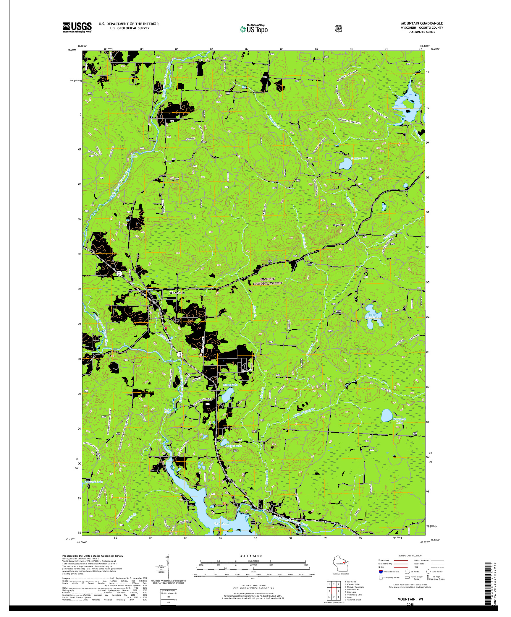 USGS US TOPO 7.5-MINUTE MAP FOR MOUNTAIN, WI 2018