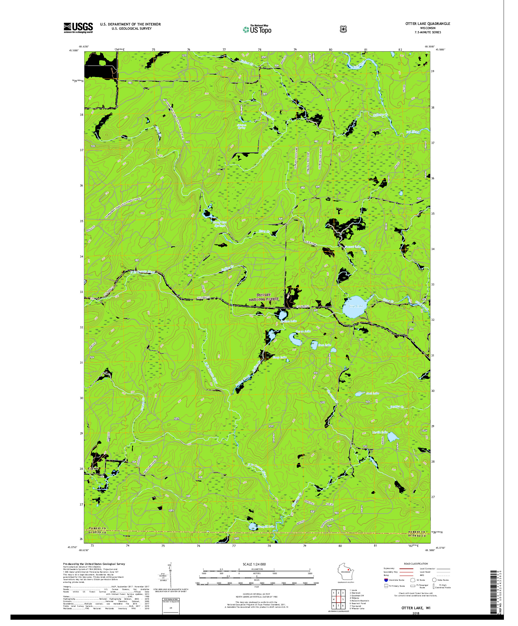 USGS US TOPO 7.5-MINUTE MAP FOR OTTER LAKE, WI 2018