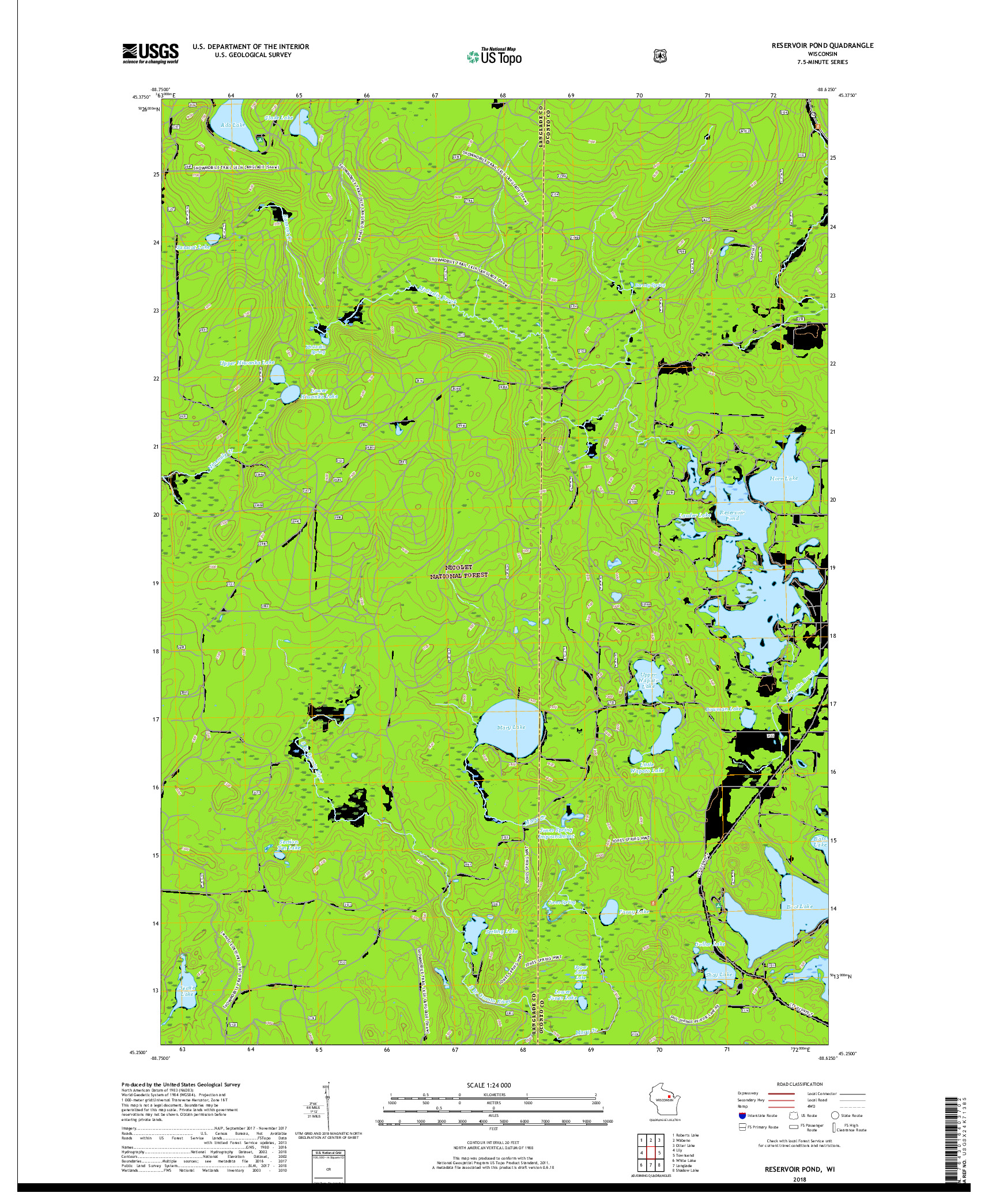 USGS US TOPO 7.5-MINUTE MAP FOR RESERVOIR POND, WI 2018