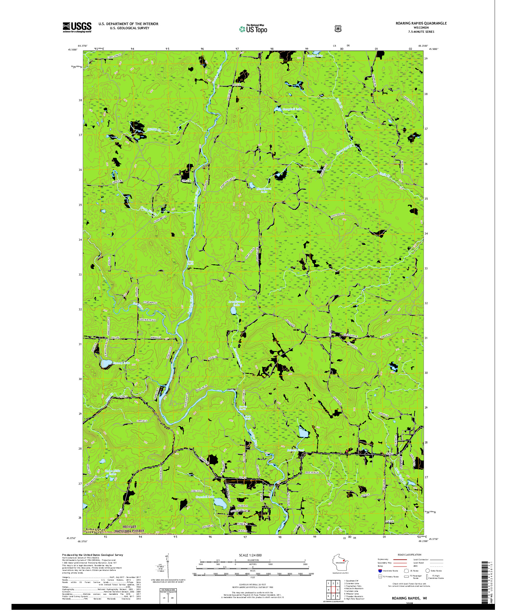USGS US TOPO 7.5-MINUTE MAP FOR ROARING RAPIDS, WI 2018