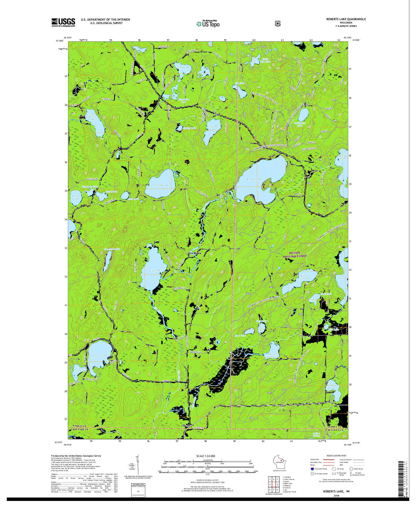 USGS US TOPO 7.5-MINUTE MAP FOR ROBERTS LAKE, WI 2018