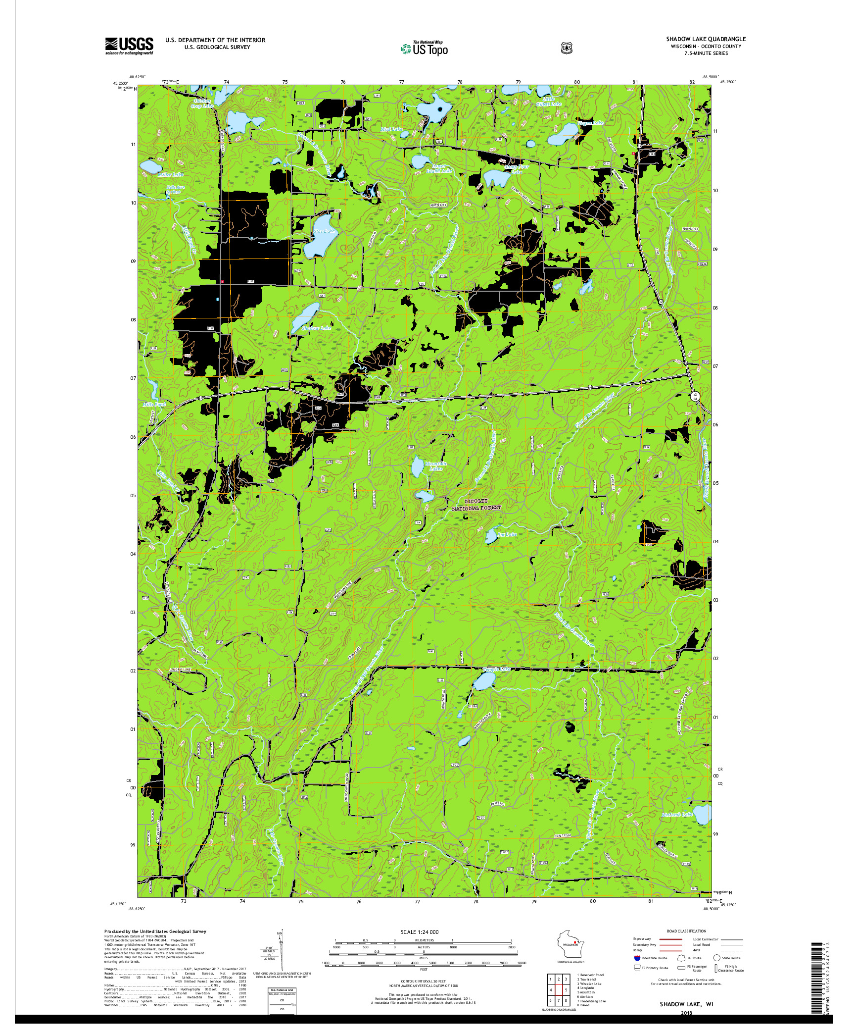 USGS US TOPO 7.5-MINUTE MAP FOR SHADOW LAKE, WI 2018