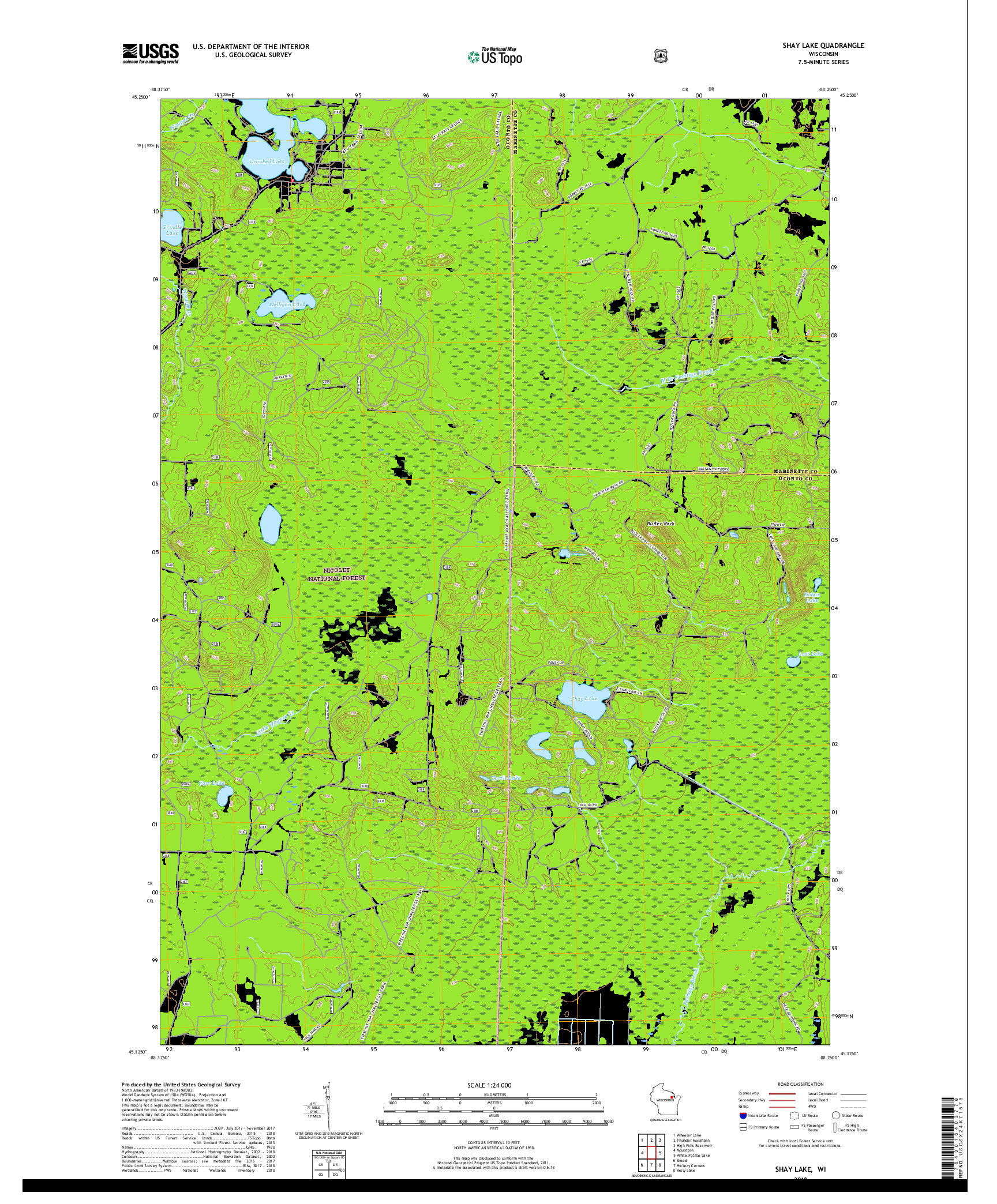 USGS US TOPO 7.5-MINUTE MAP FOR SHAY LAKE, WI 2018