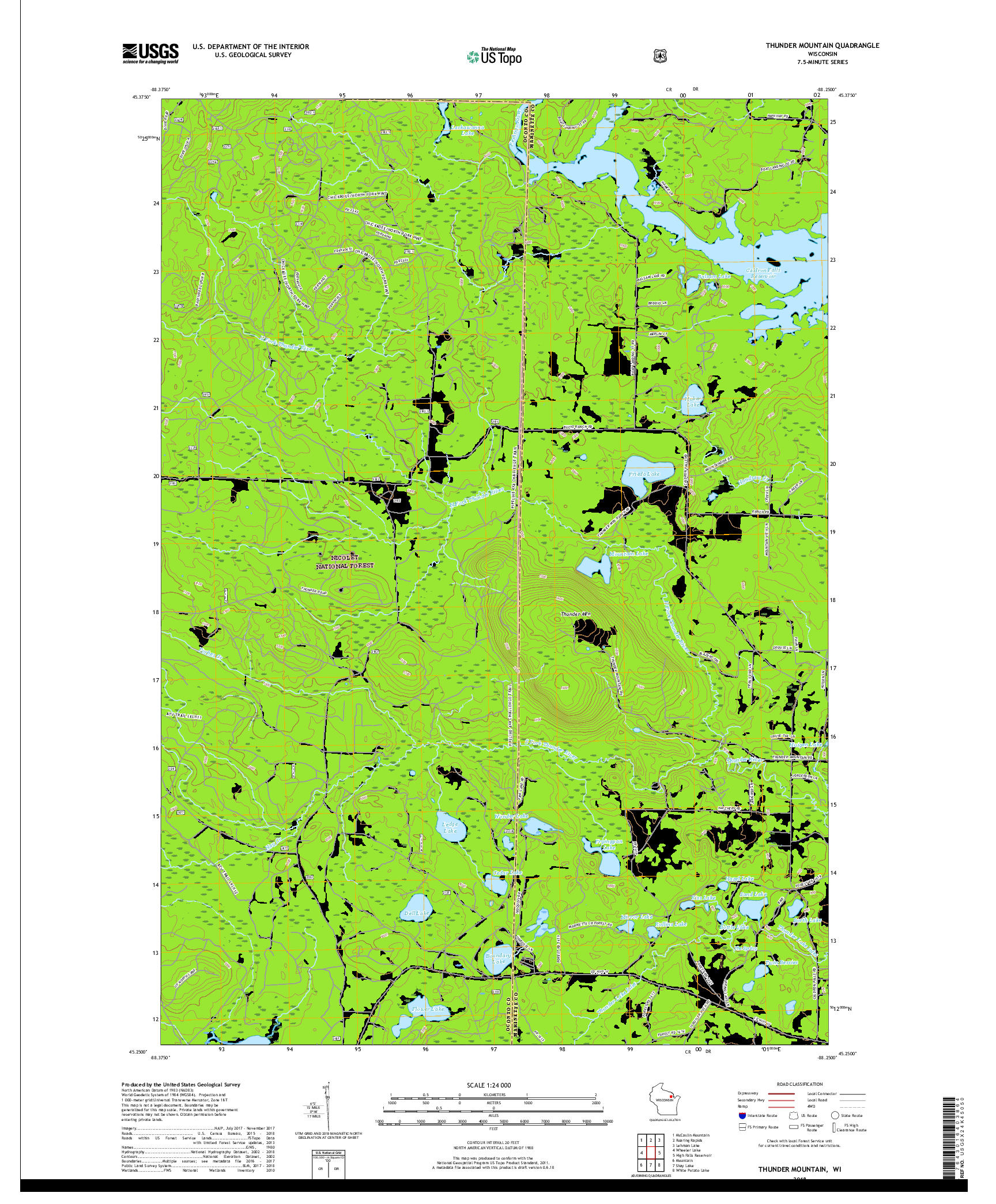 USGS US TOPO 7.5-MINUTE MAP FOR THUNDER MOUNTAIN, WI 2018