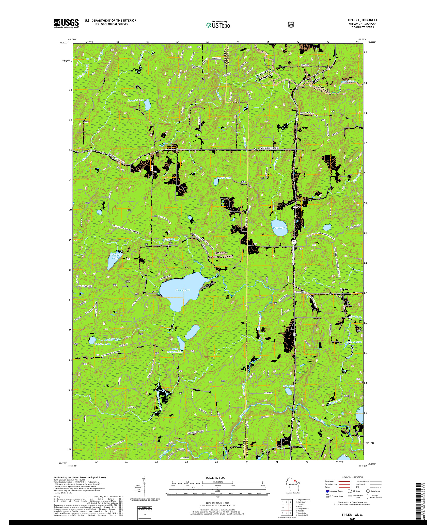 USGS US TOPO 7.5-MINUTE MAP FOR TIPLER, WI,MI 2018