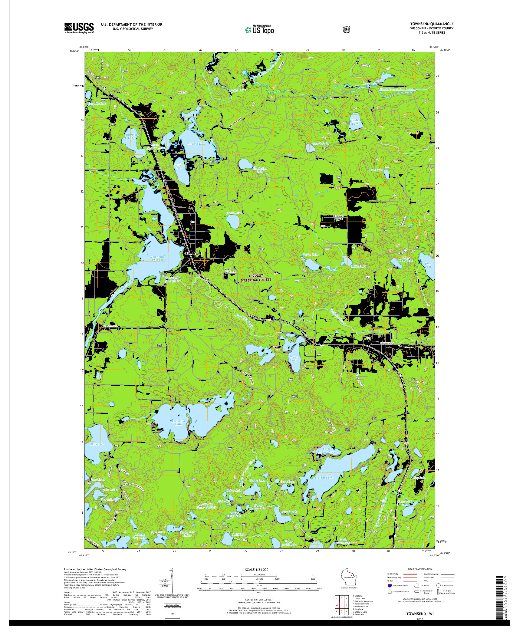 USGS US TOPO 7.5-MINUTE MAP FOR TOWNSEND, WI 2018