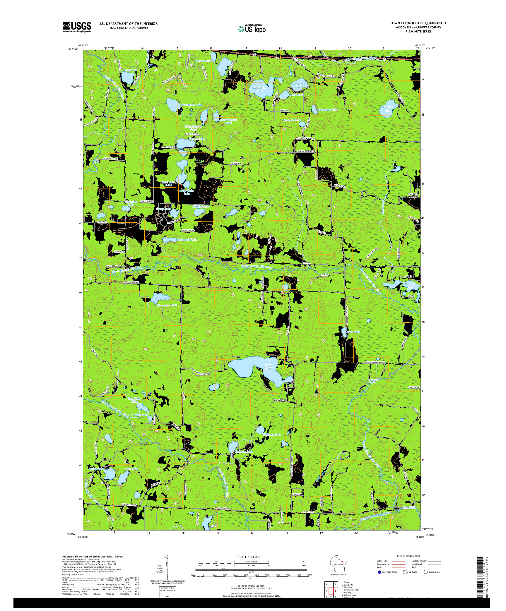 USGS US TOPO 7.5-MINUTE MAP FOR TOWN CORNER LAKE, WI 2018