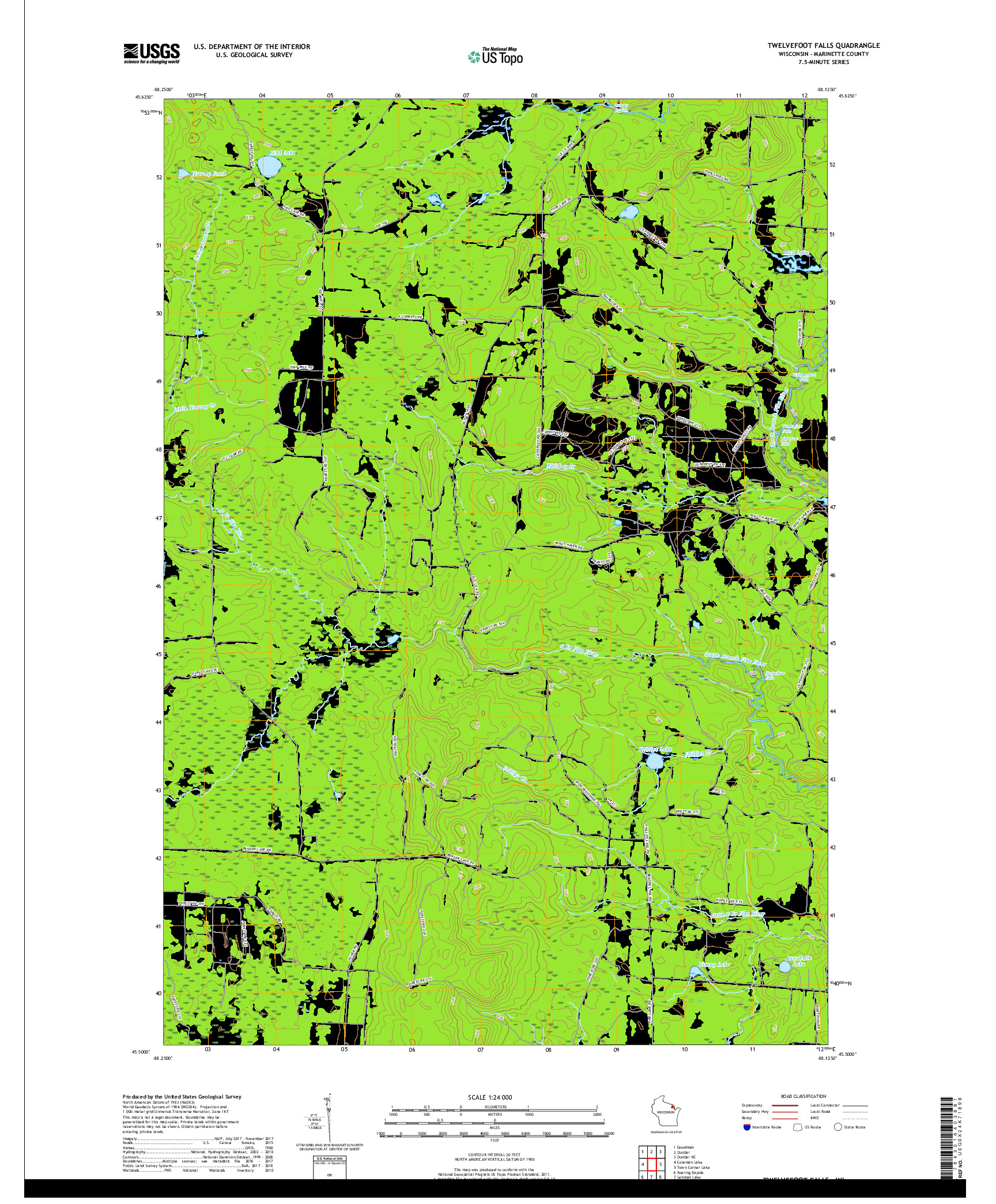 USGS US TOPO 7.5-MINUTE MAP FOR TWELVEFOOT FALLS, WI 2018