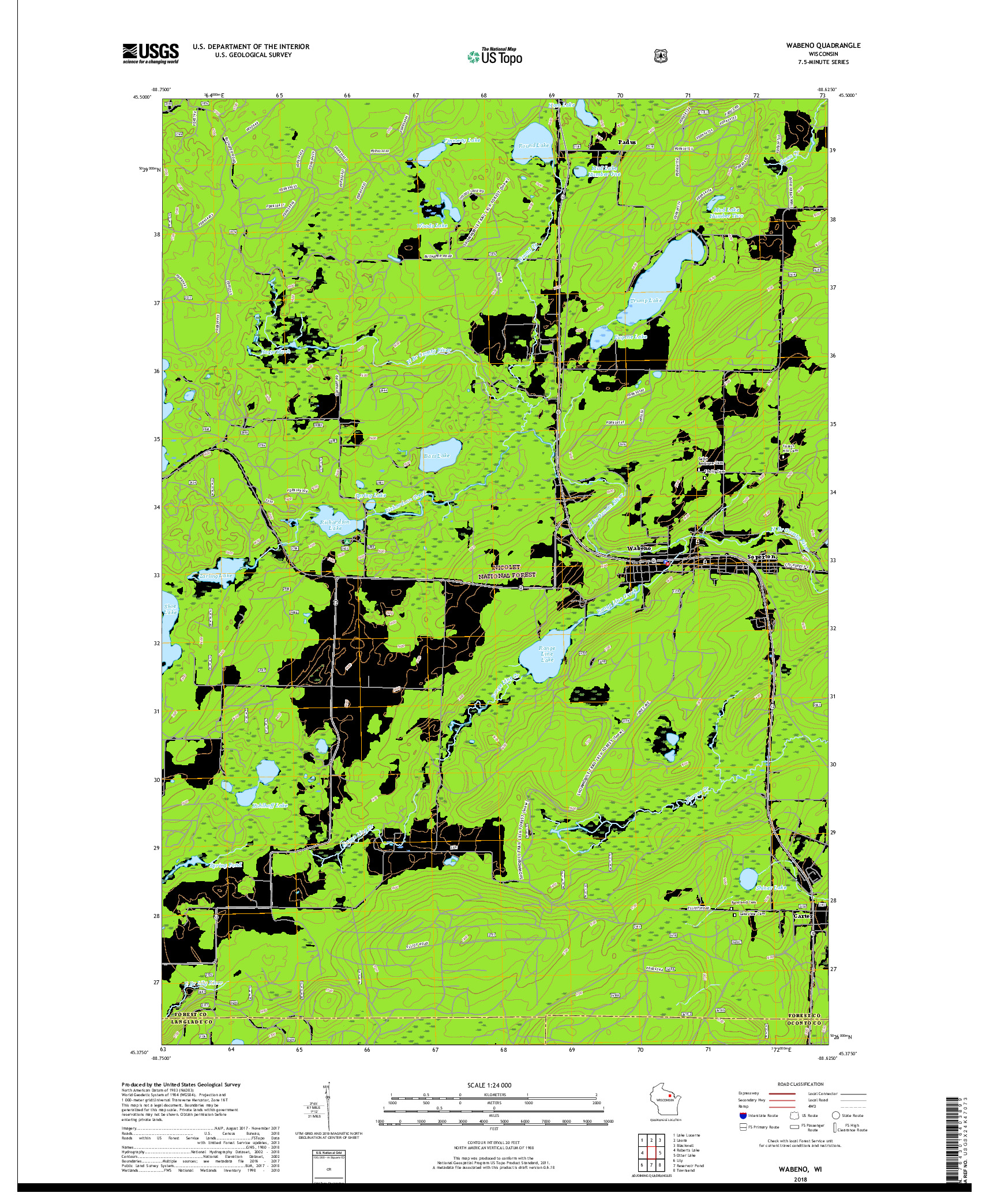 USGS US TOPO 7.5-MINUTE MAP FOR WABENO, WI 2018