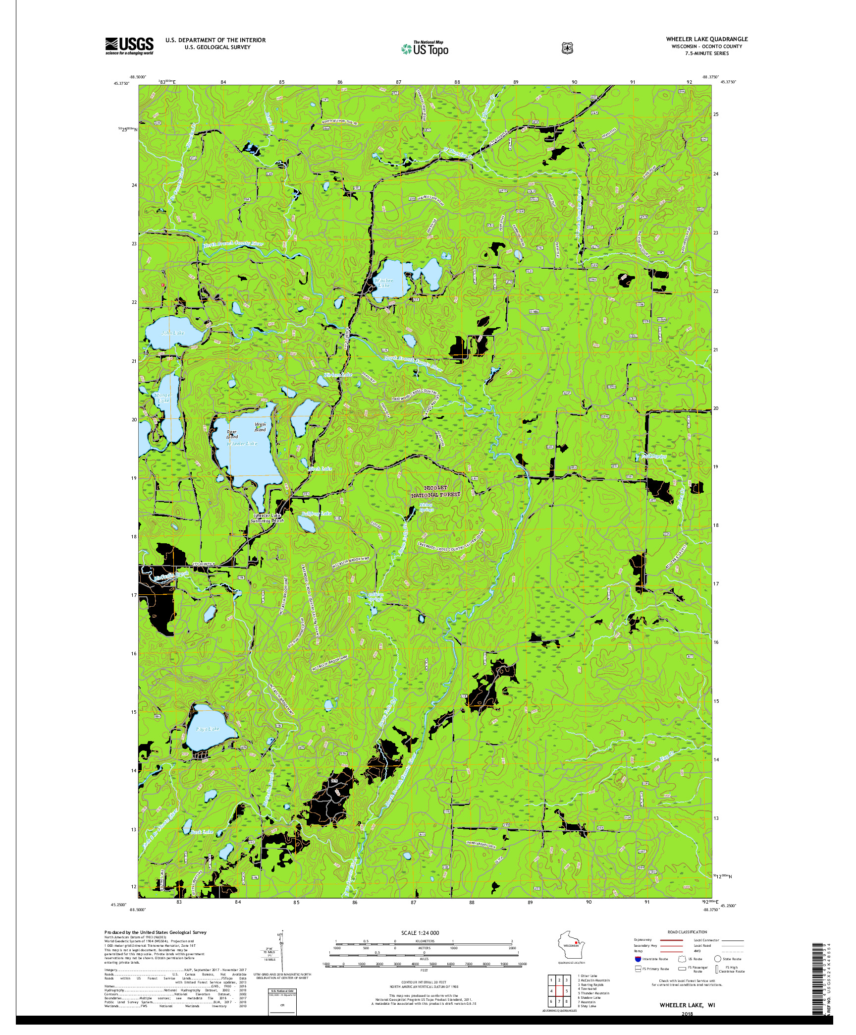 USGS US TOPO 7.5-MINUTE MAP FOR WHEELER LAKE, WI 2018