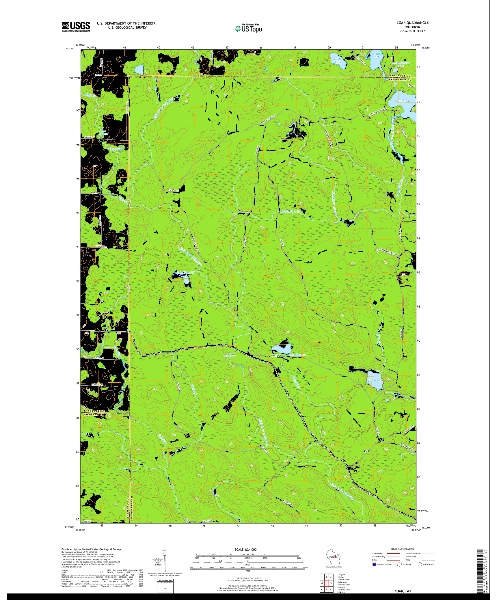 USGS US TOPO 7.5-MINUTE MAP FOR ZOAR, WI 2018