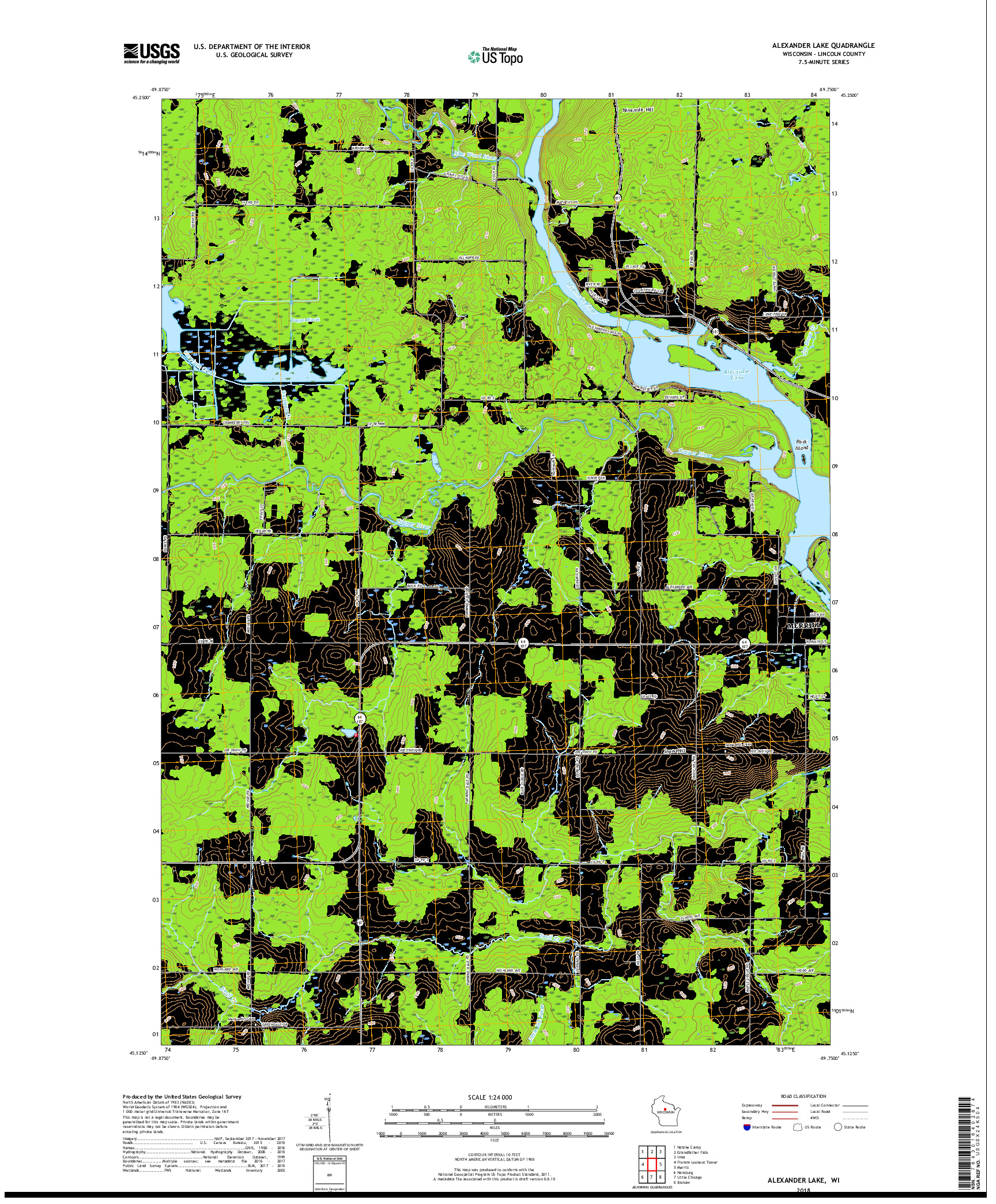 USGS US TOPO 7.5-MINUTE MAP FOR ALEXANDER LAKE, WI 2018