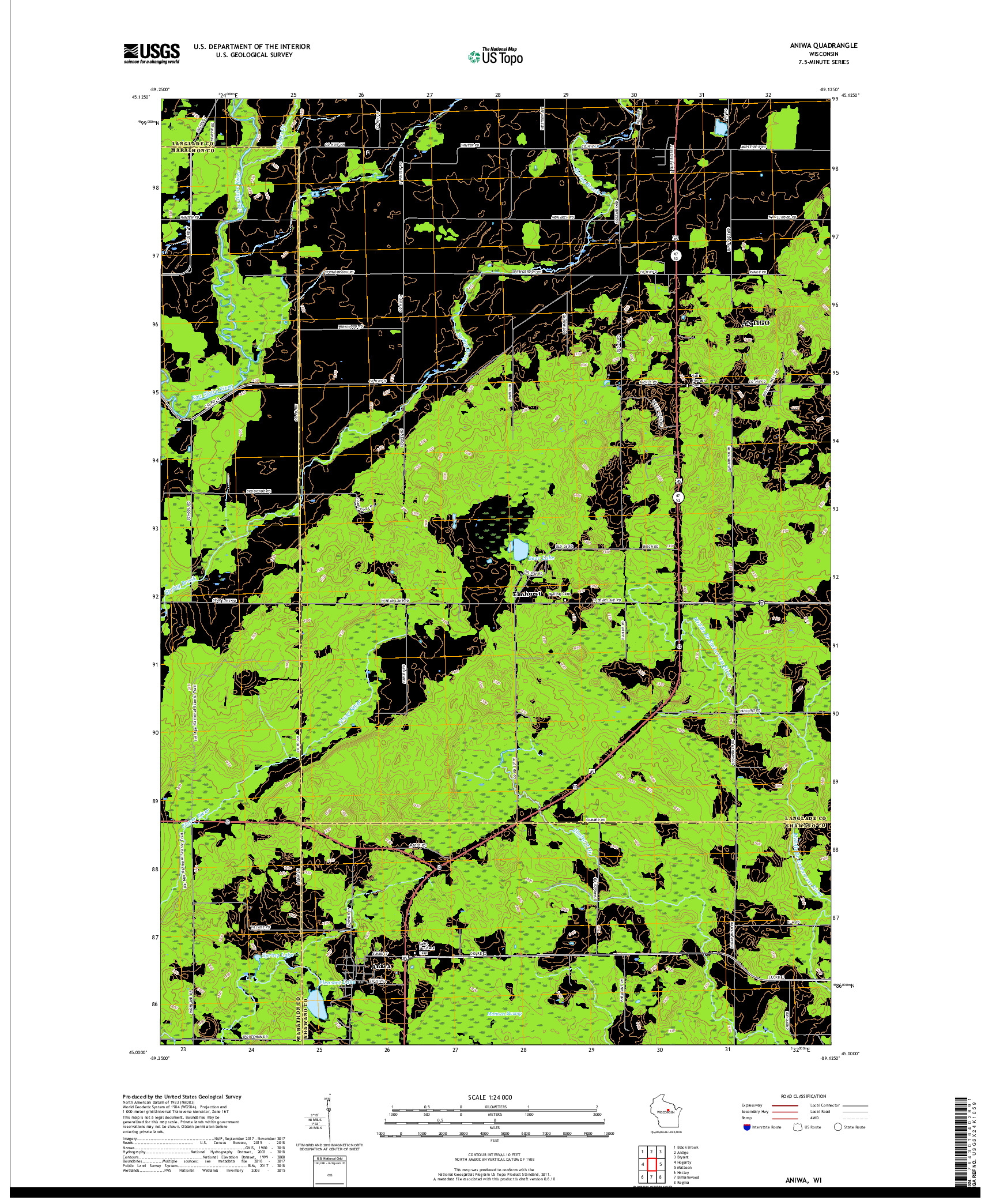 USGS US TOPO 7.5-MINUTE MAP FOR ANIWA, WI 2018