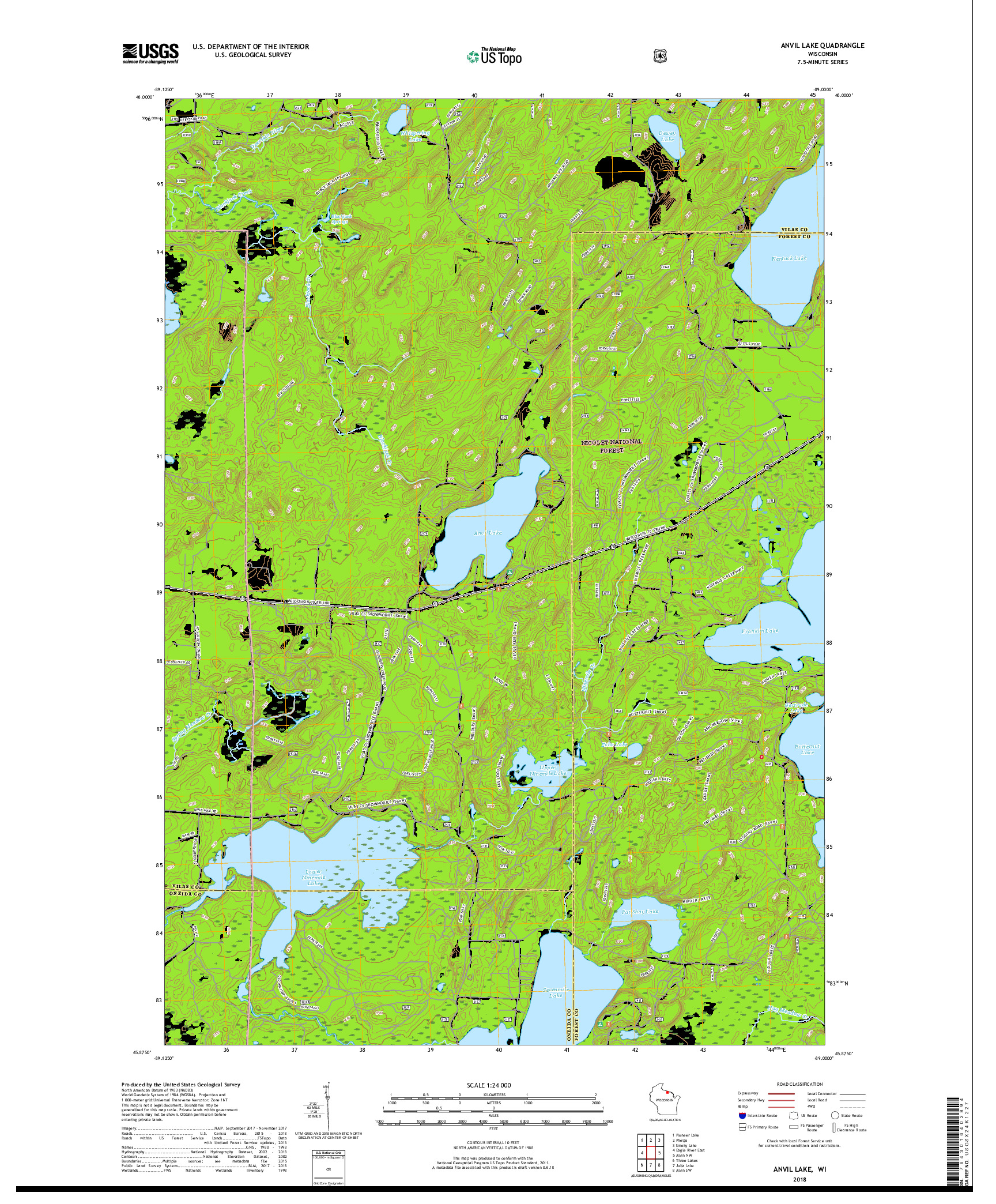 USGS US TOPO 7.5-MINUTE MAP FOR ANVIL LAKE, WI 2018