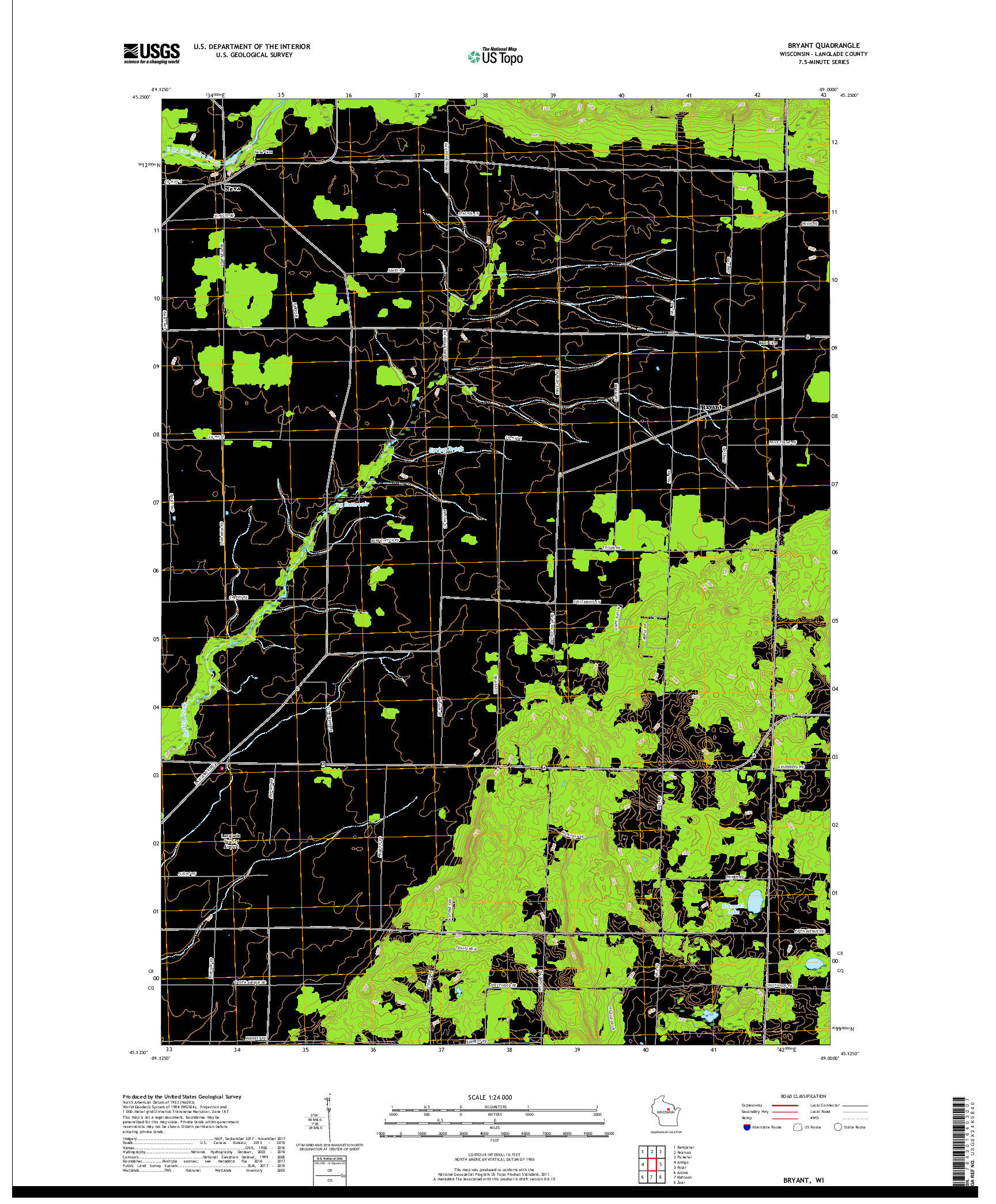 USGS US TOPO 7.5-MINUTE MAP FOR BRYANT, WI 2018