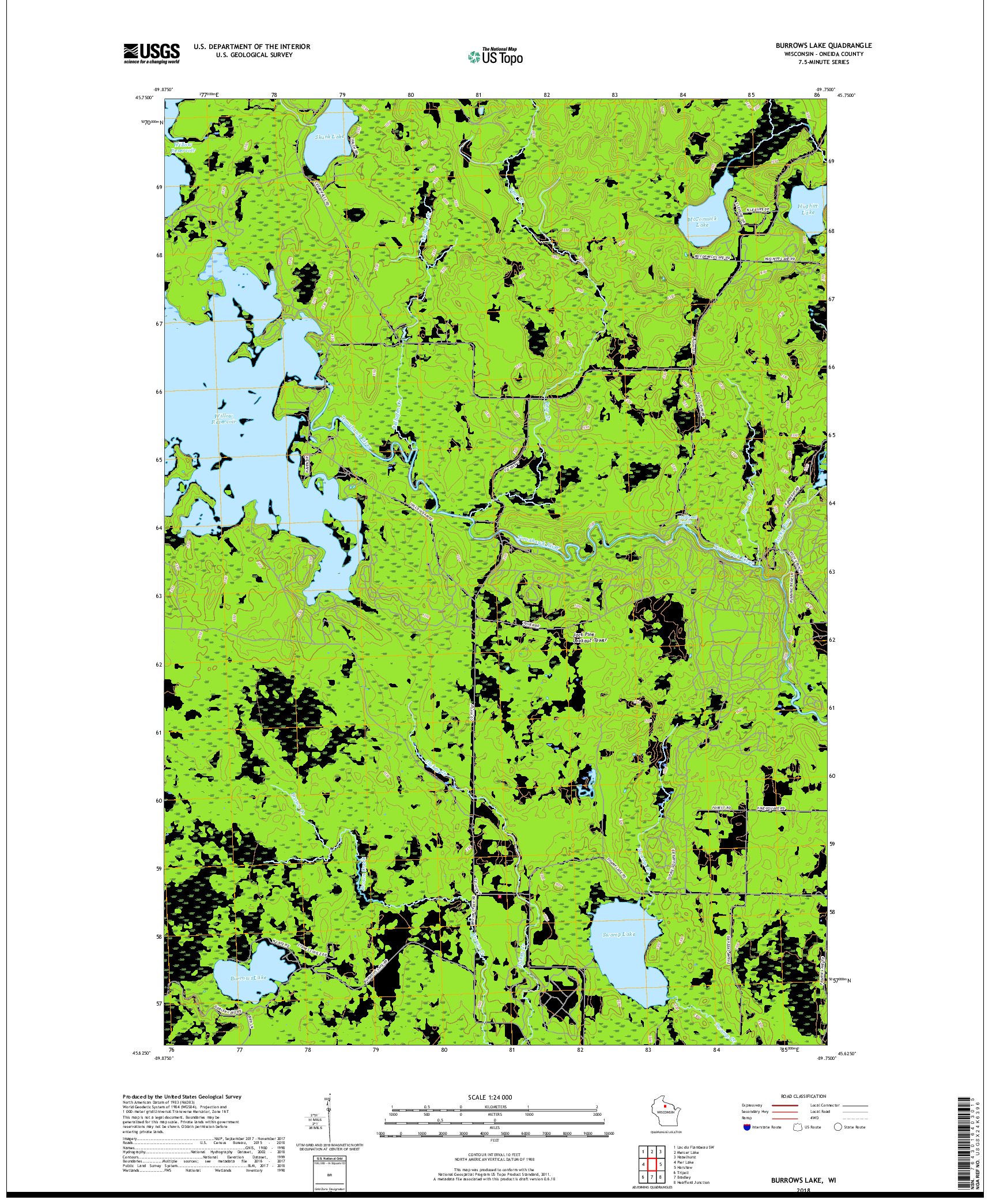 USGS US TOPO 7.5-MINUTE MAP FOR BURROWS LAKE, WI 2018