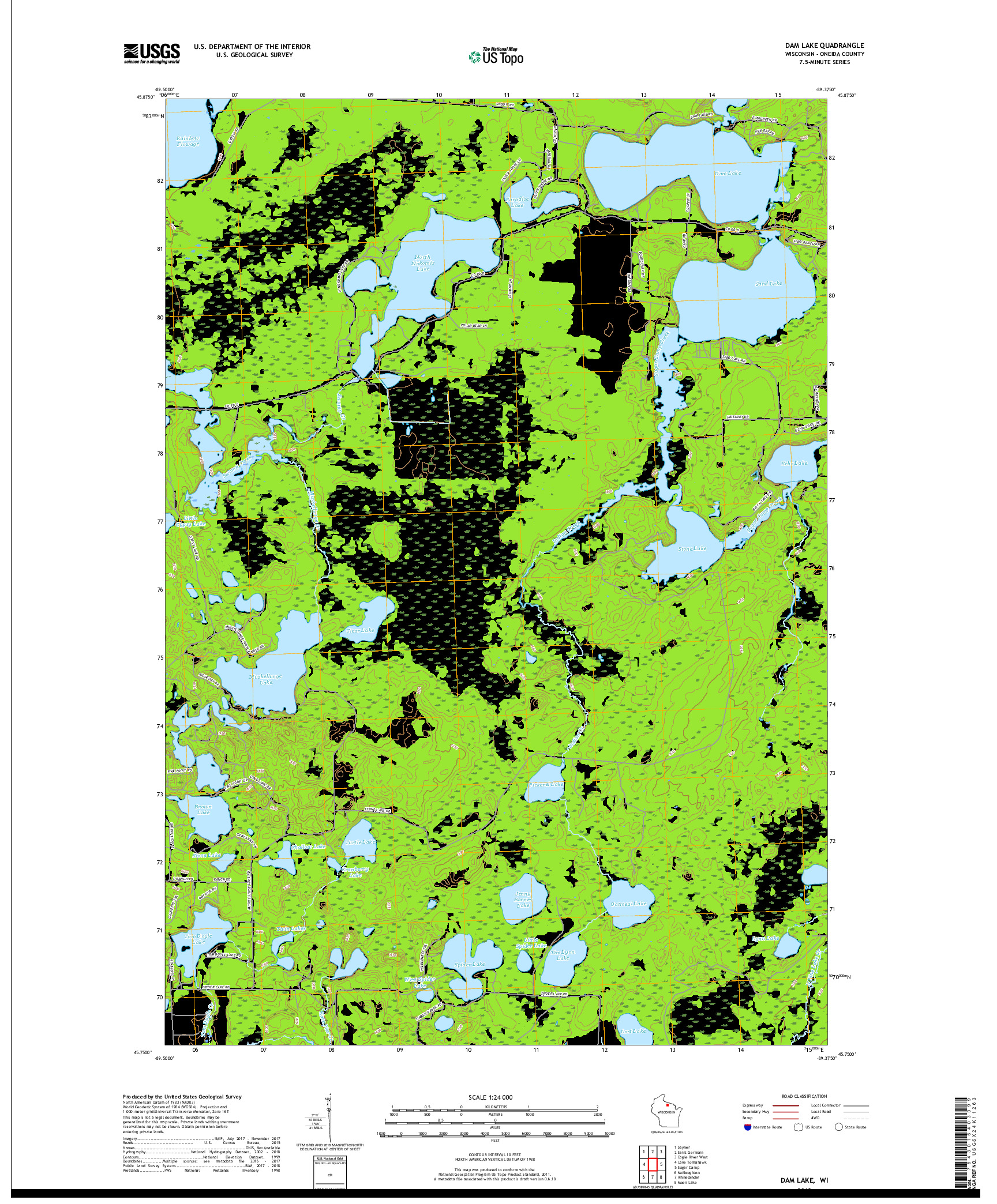 USGS US TOPO 7.5-MINUTE MAP FOR DAM LAKE, WI 2018