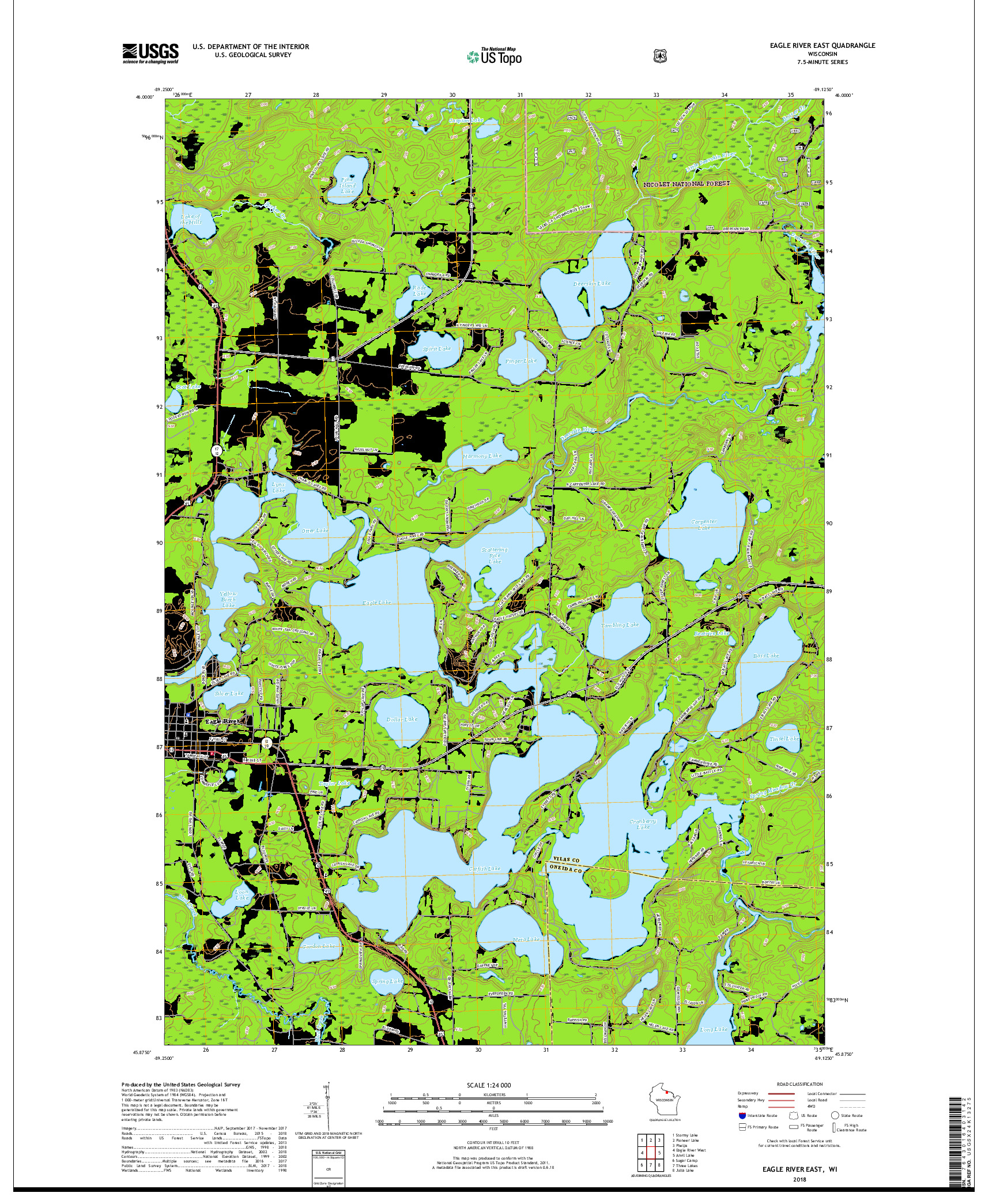 USGS US TOPO 7.5-MINUTE MAP FOR EAGLE RIVER EAST, WI 2018