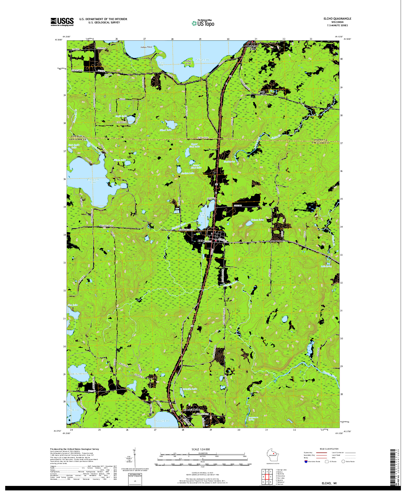USGS US TOPO 7.5-MINUTE MAP FOR ELCHO, WI 2018
