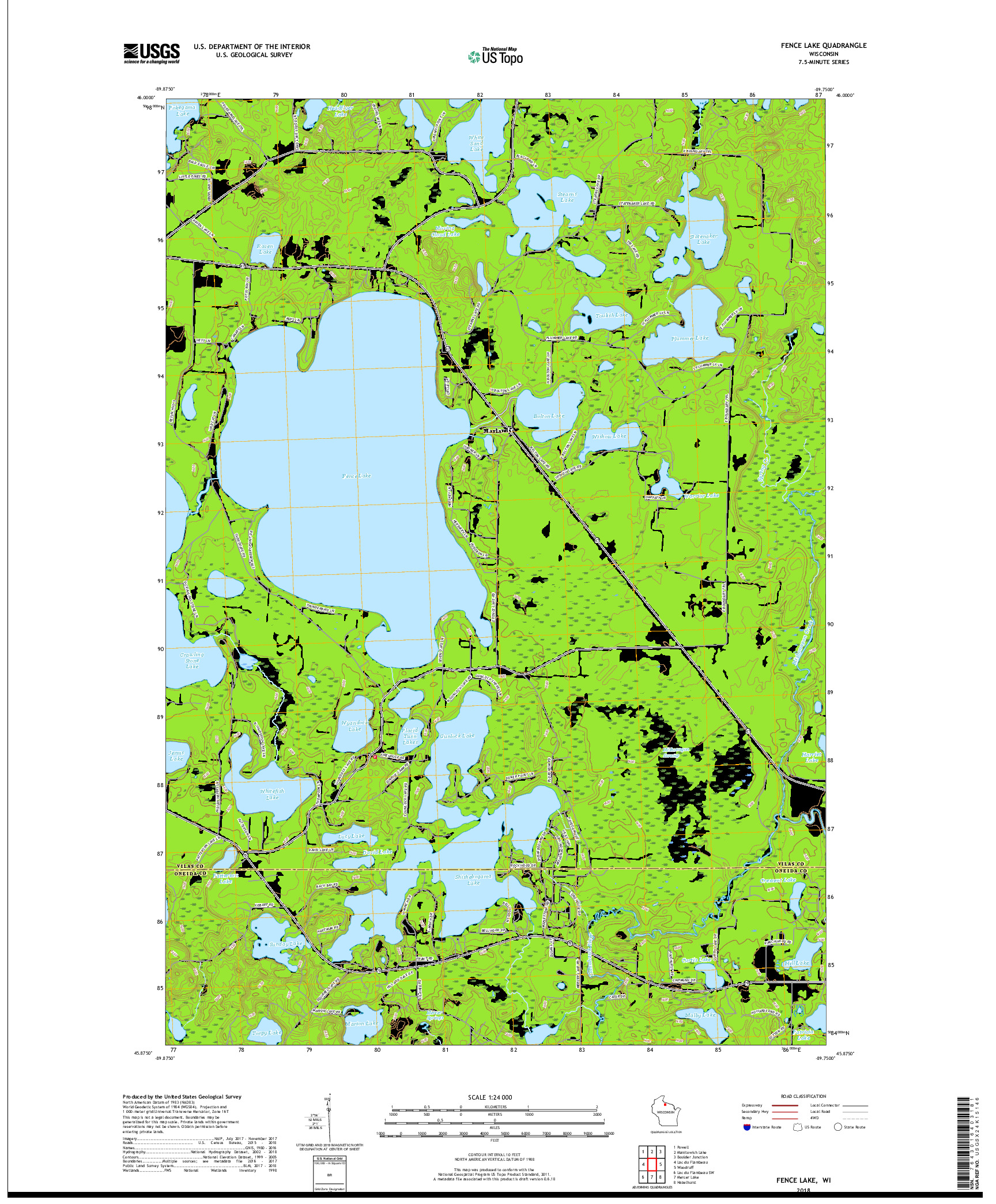 USGS US TOPO 7.5-MINUTE MAP FOR FENCE LAKE, WI 2018
