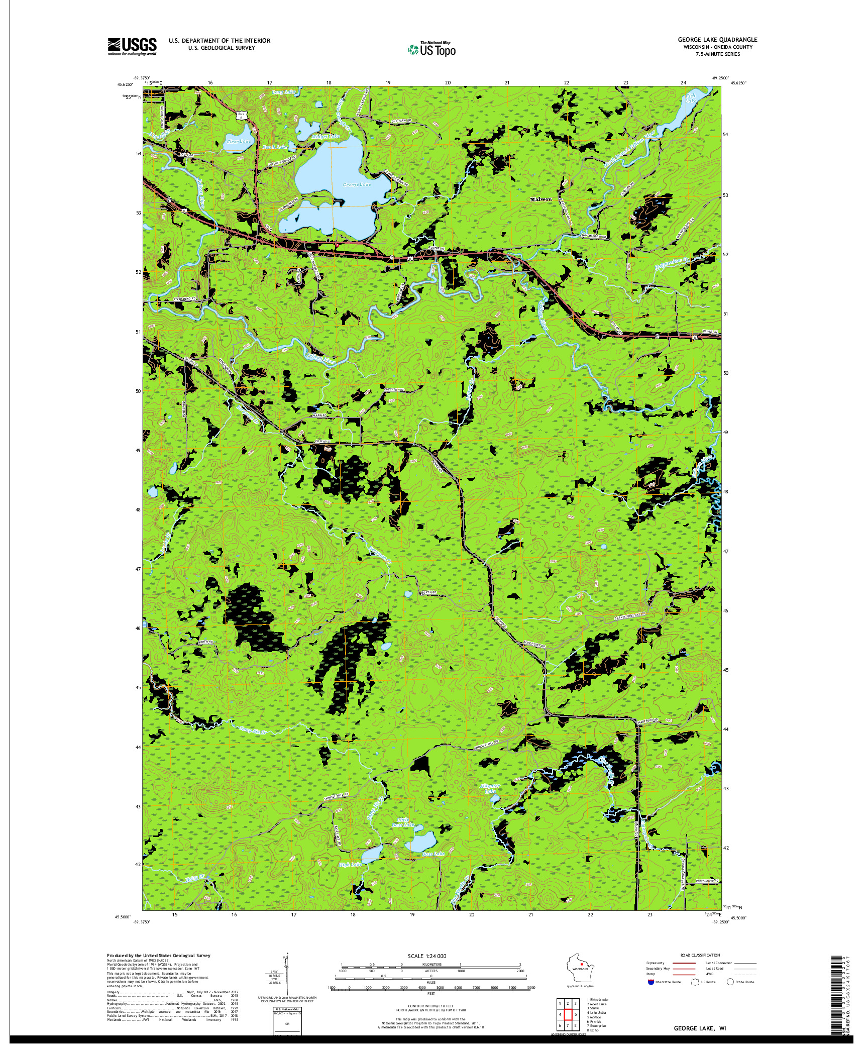 USGS US TOPO 7.5-MINUTE MAP FOR GEORGE LAKE, WI 2018