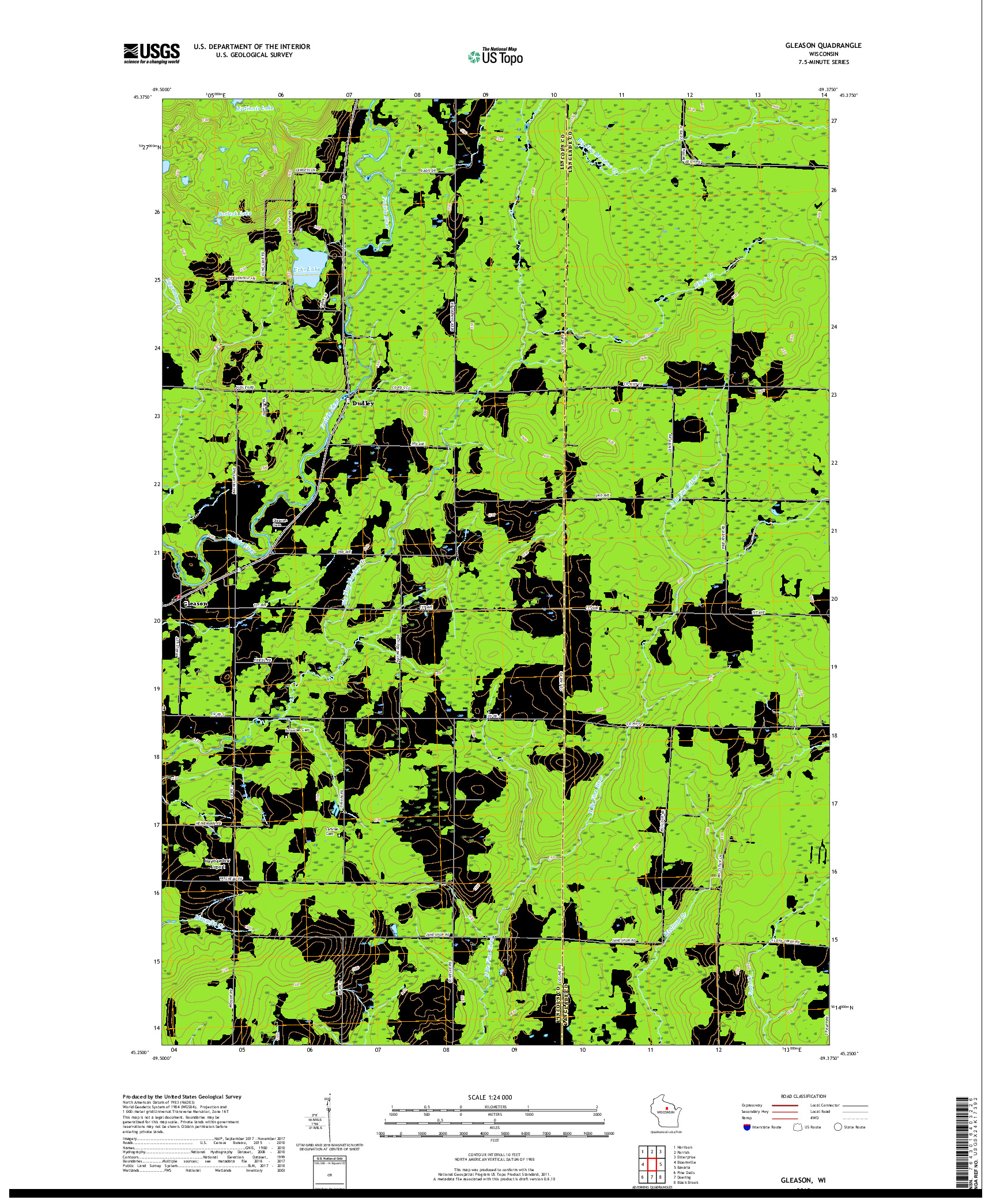 USGS US TOPO 7.5-MINUTE MAP FOR GLEASON, WI 2018