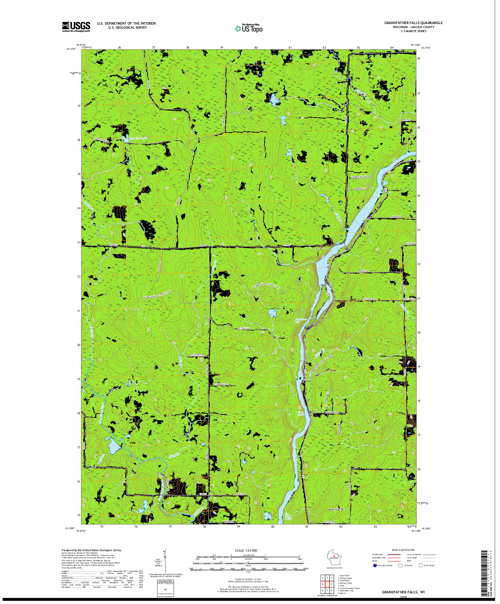 USGS US TOPO 7.5-MINUTE MAP FOR GRANDFATHER FALLS, WI 2018
