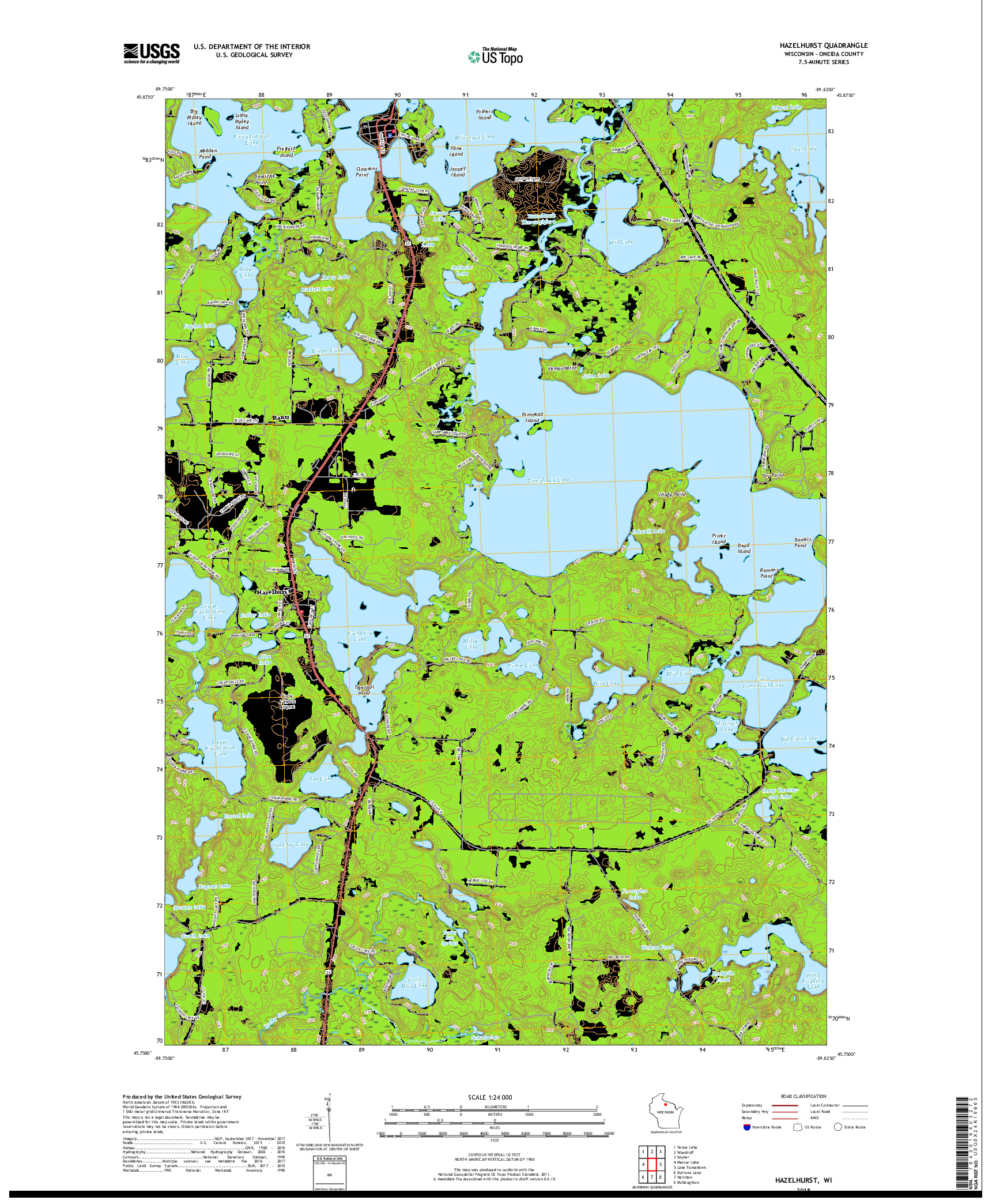 USGS US TOPO 7.5-MINUTE MAP FOR HAZELHURST, WI 2018