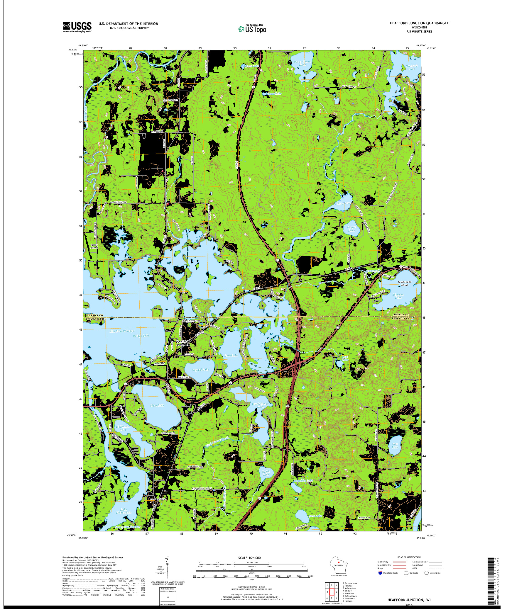 USGS US TOPO 7.5-MINUTE MAP FOR HEAFFORD JUNCTION, WI 2018