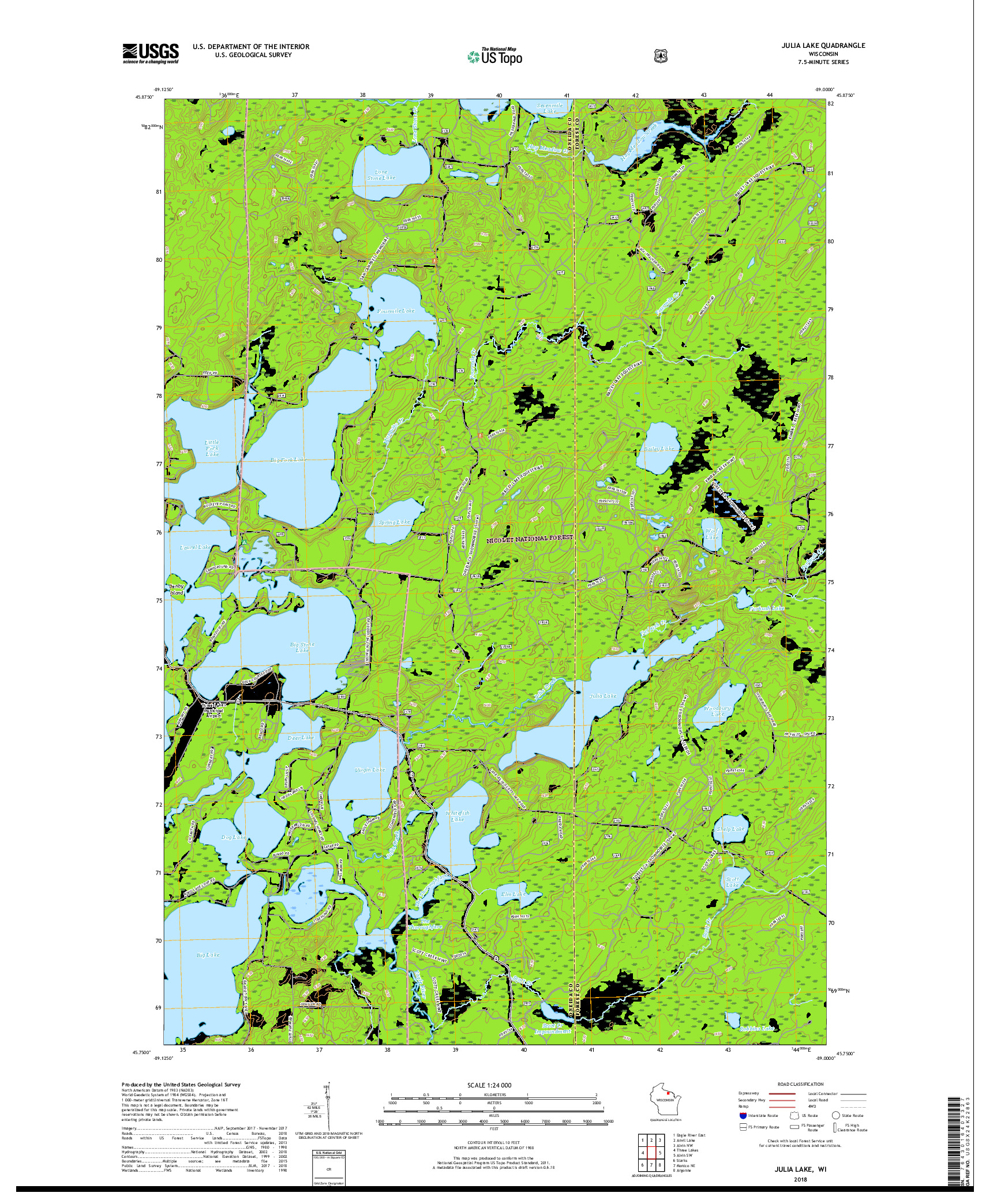 USGS US TOPO 7.5-MINUTE MAP FOR JULIA LAKE, WI 2018