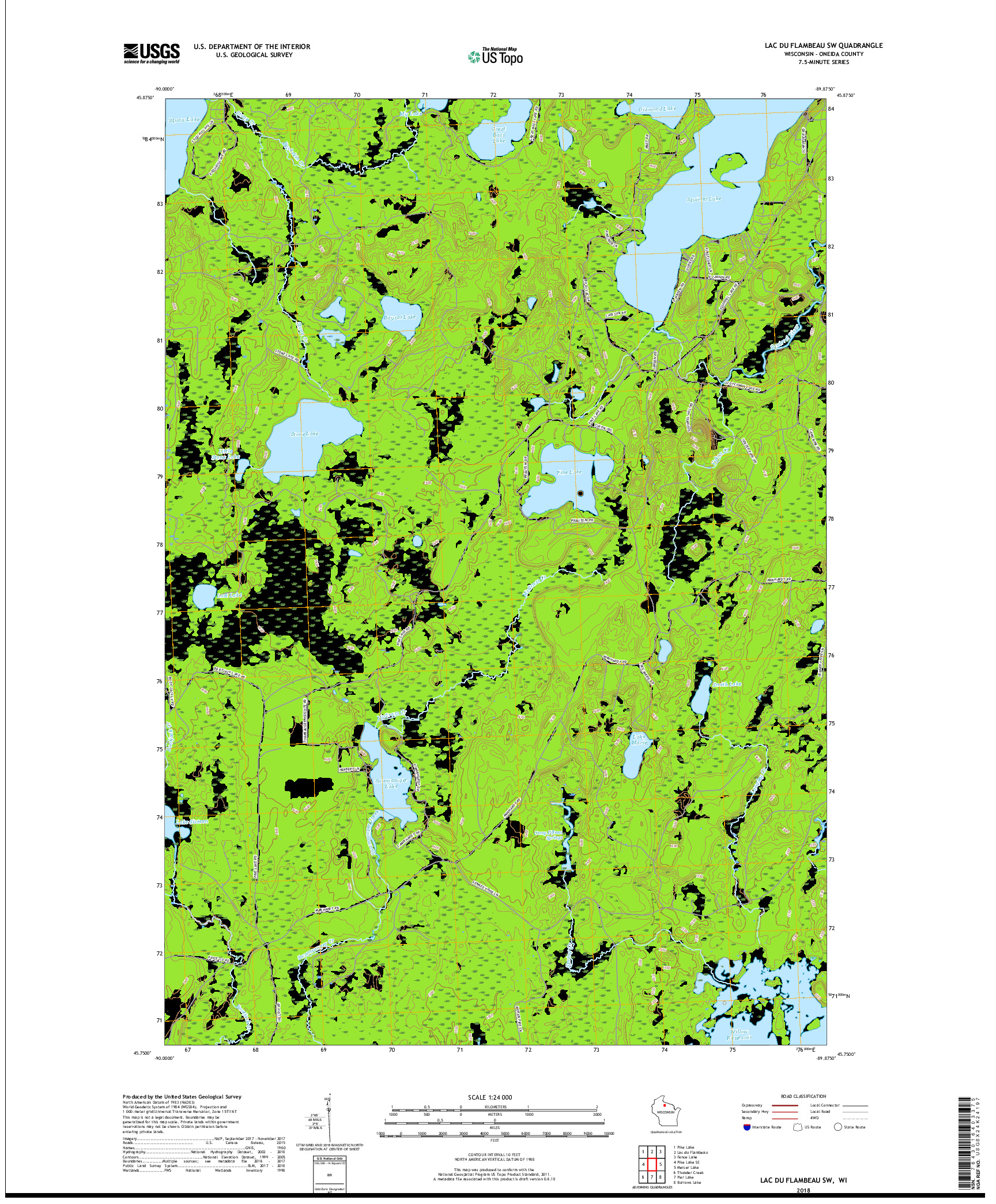 USGS US TOPO 7.5-MINUTE MAP FOR LAC DU FLAMBEAU SW, WI 2018