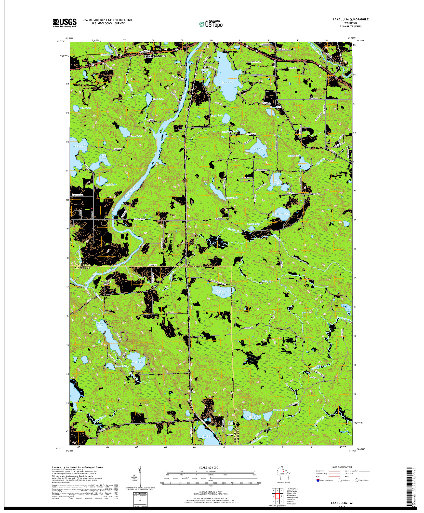 USGS US TOPO 7.5-MINUTE MAP FOR LAKE JULIA, WI 2018