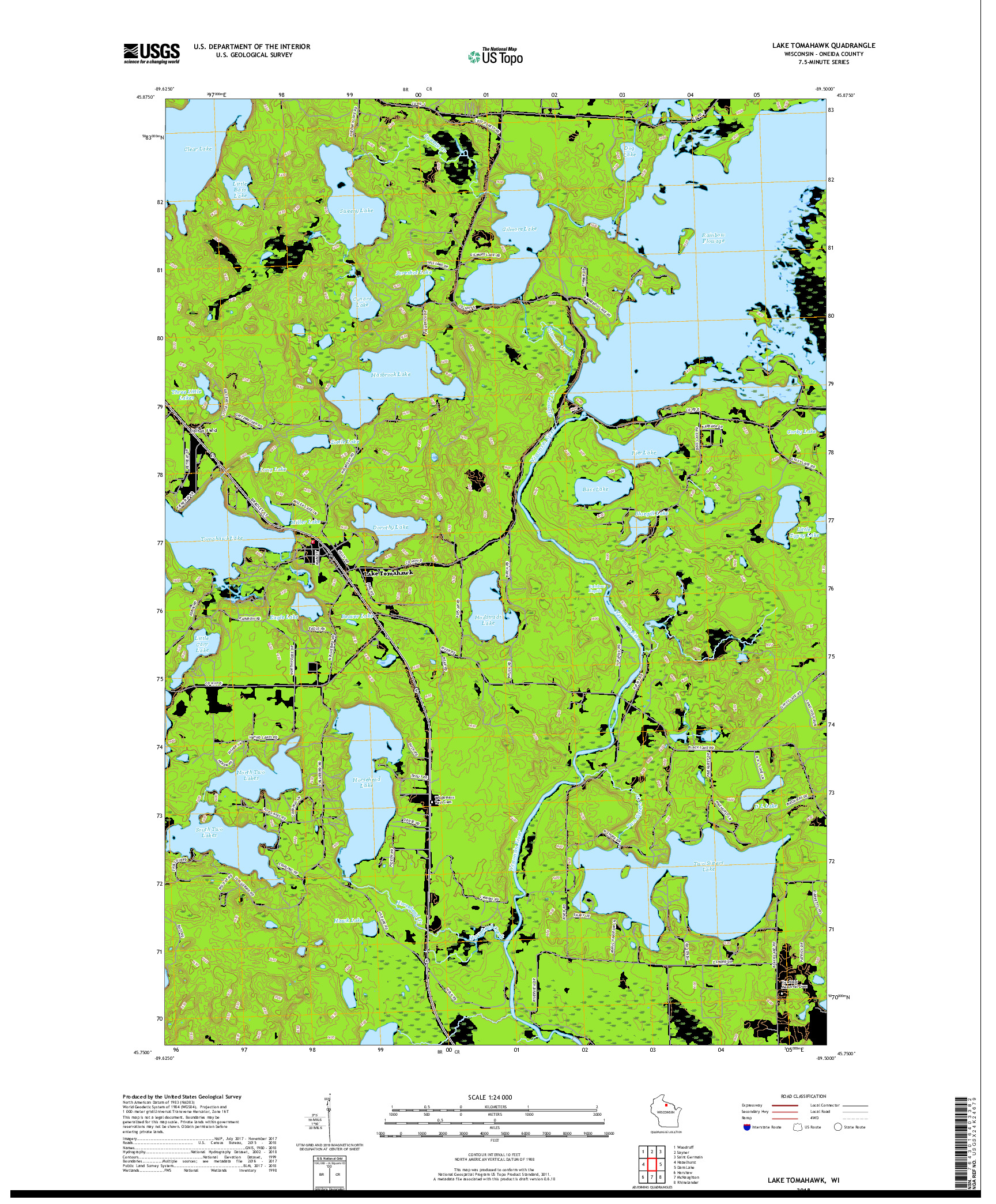 USGS US TOPO 7.5-MINUTE MAP FOR LAKE TOMAHAWK, WI 2018