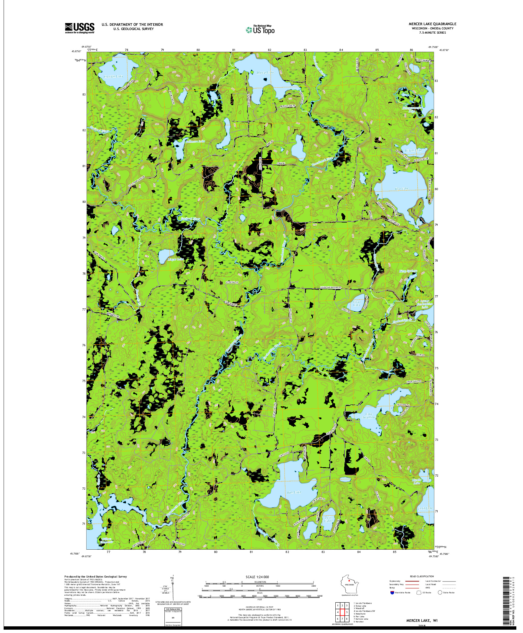 USGS US TOPO 7.5-MINUTE MAP FOR MERCER LAKE, WI 2018