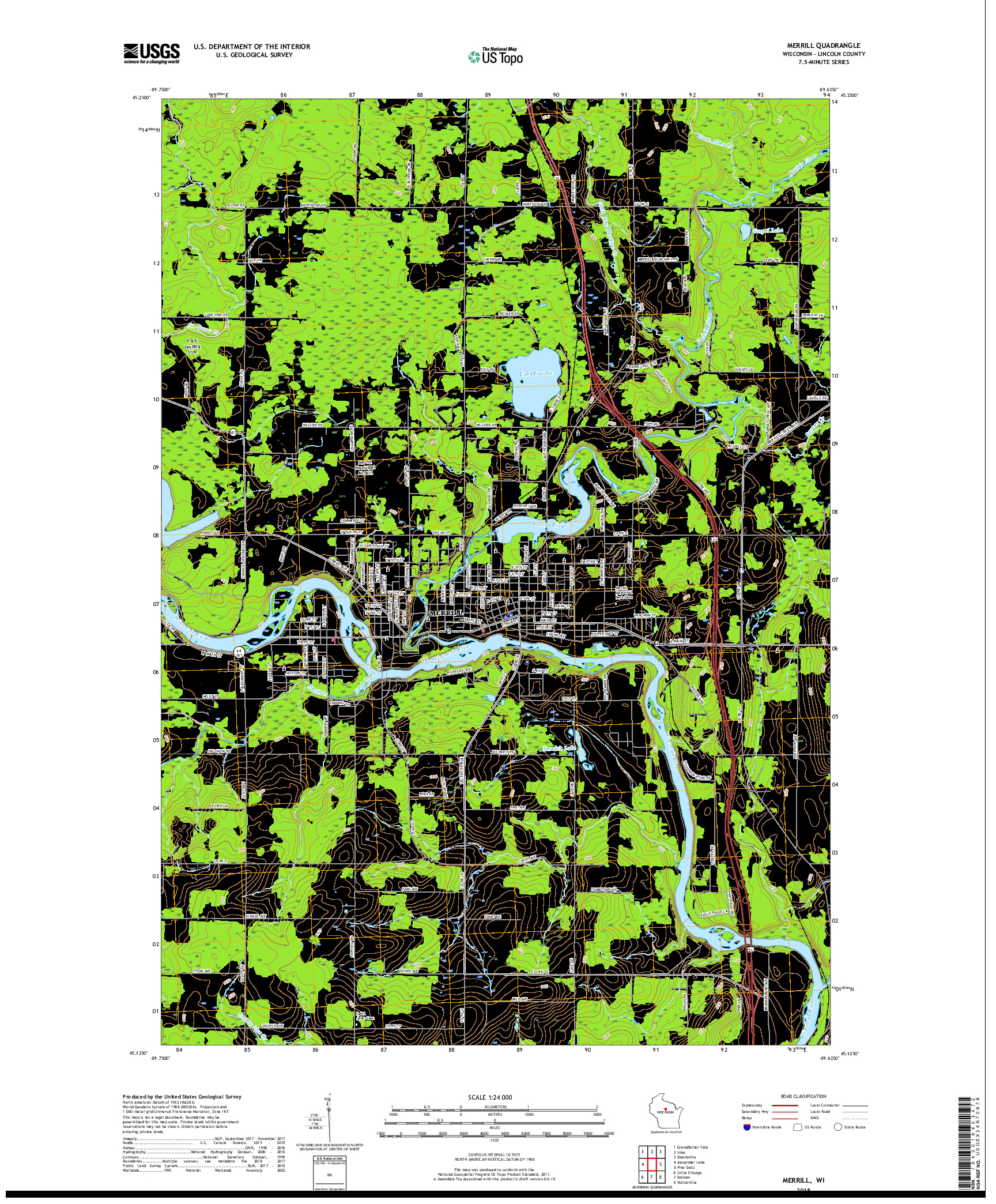 USGS US TOPO 7.5-MINUTE MAP FOR MERRILL, WI 2018