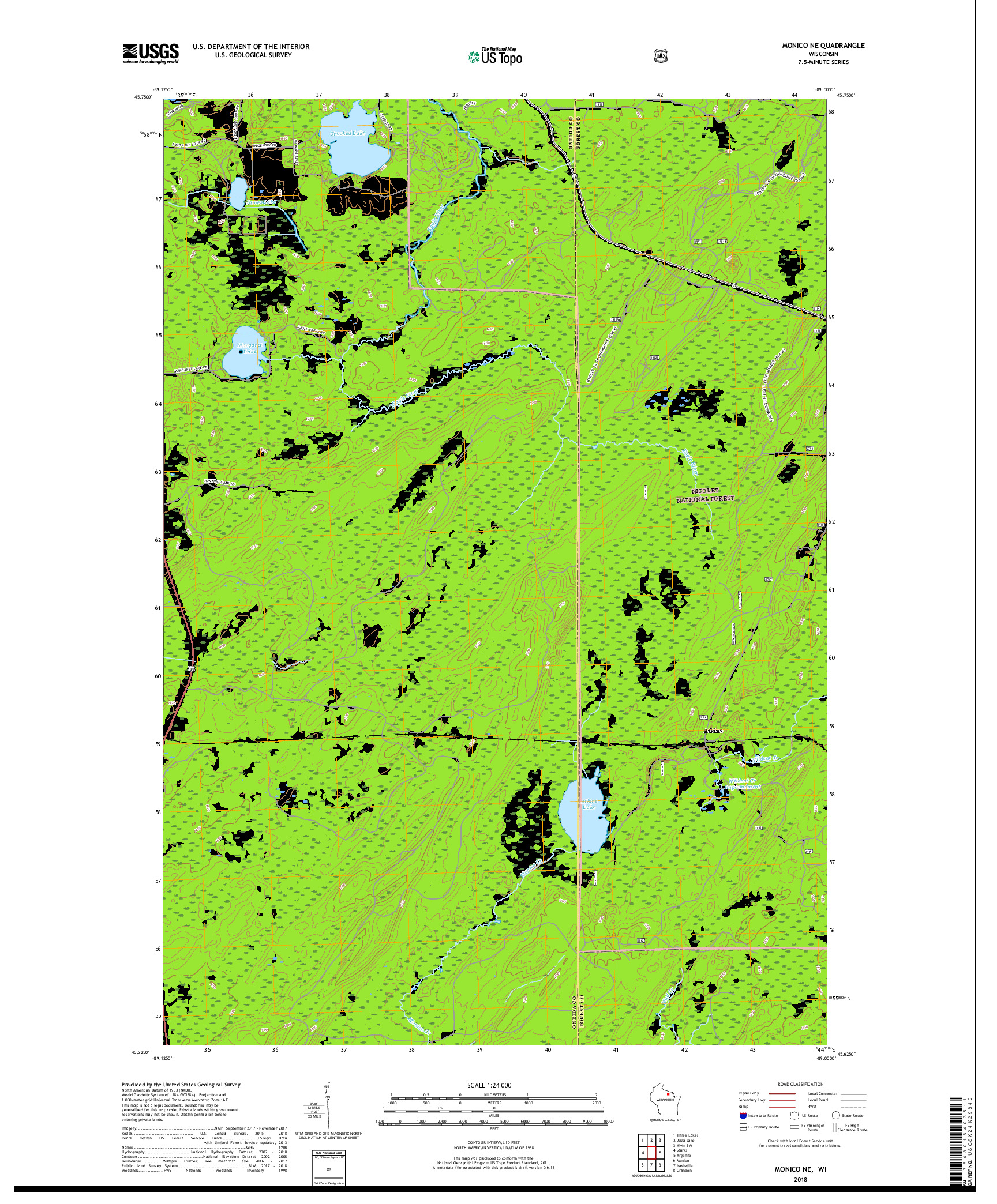 USGS US TOPO 7.5-MINUTE MAP FOR MONICO NE, WI 2018