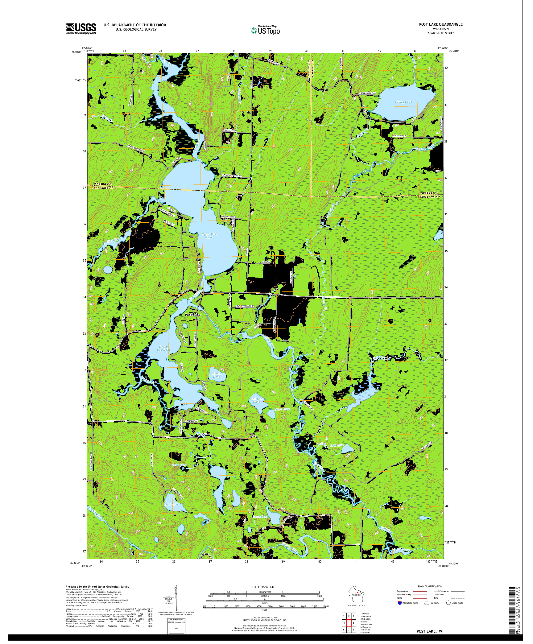 USGS US TOPO 7.5-MINUTE MAP FOR POST LAKE, WI 2018