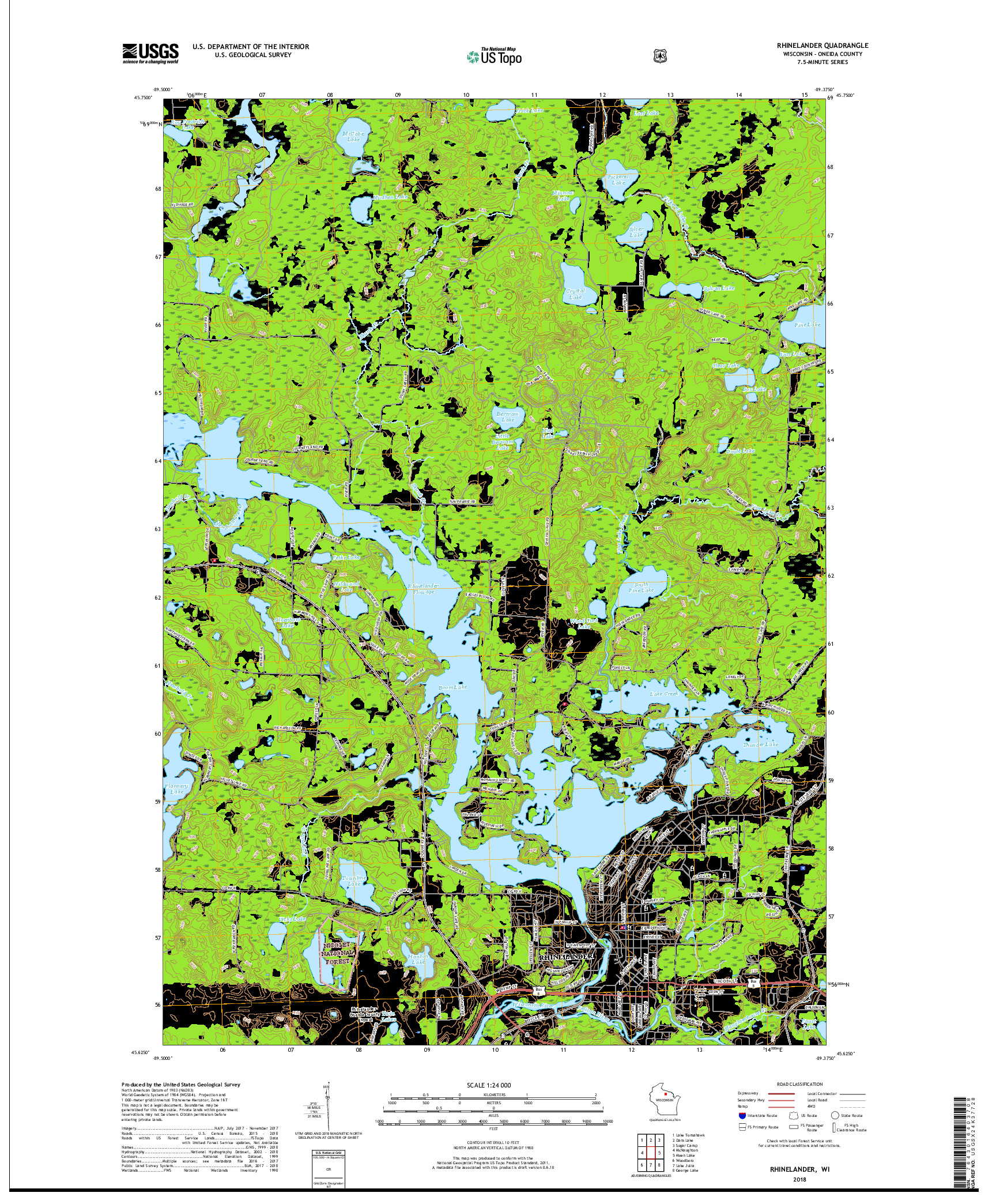 USGS US TOPO 7.5-MINUTE MAP FOR RHINELANDER, WI 2018