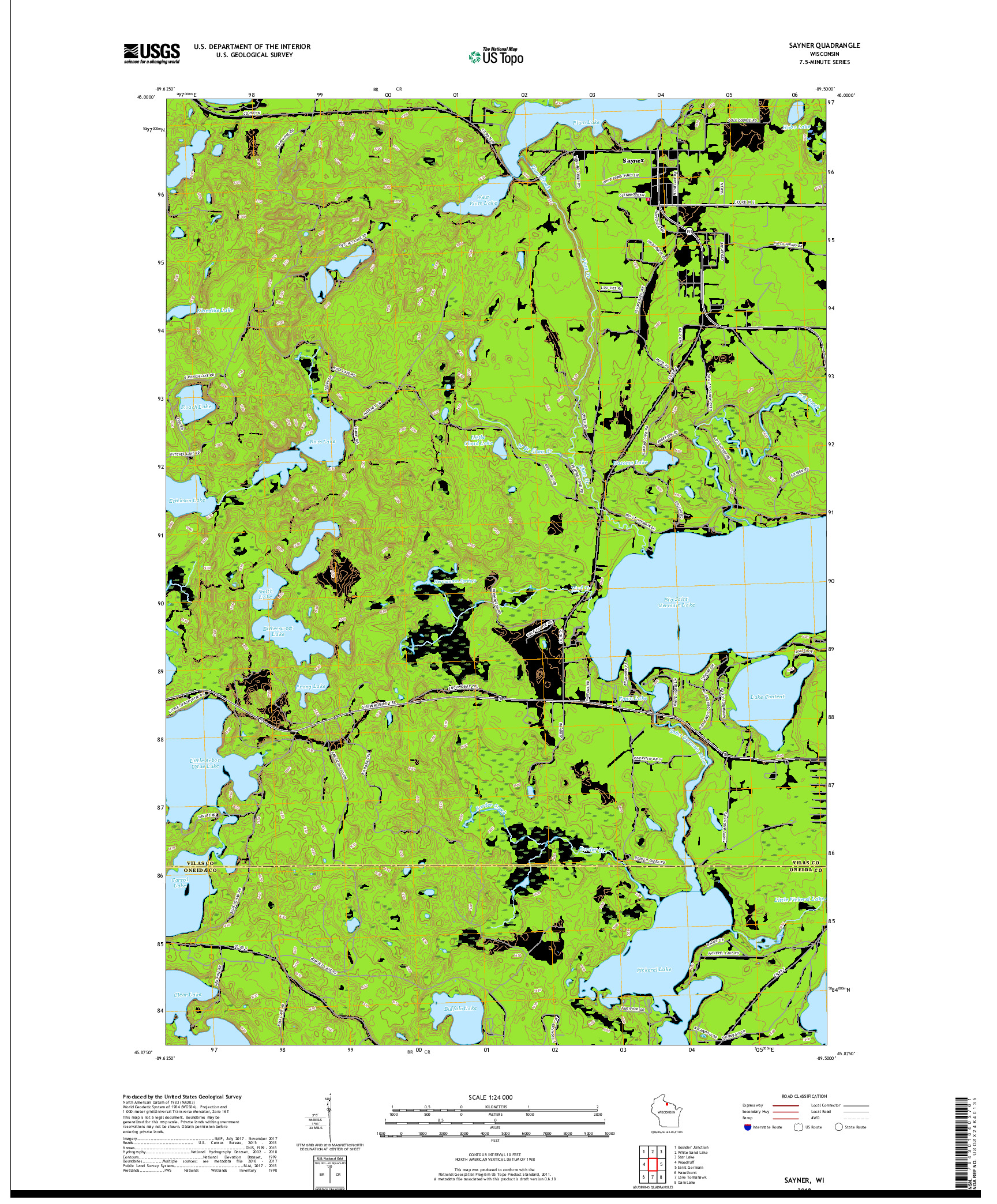 USGS US TOPO 7.5-MINUTE MAP FOR SAYNER, WI 2018